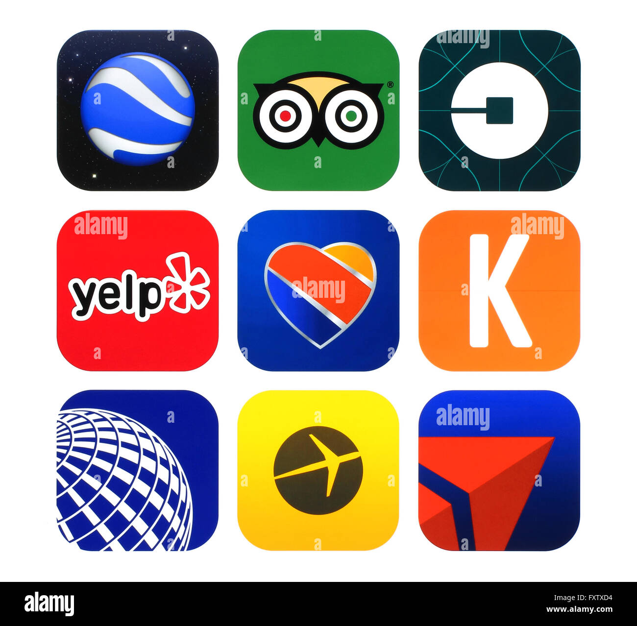 Kiev, Ucraina - 22 Febbraio 2016: Raccolta di viaggi popolari icone stampate su carta: Expedia, volo Delta, Google Earth, Kayak Foto Stock