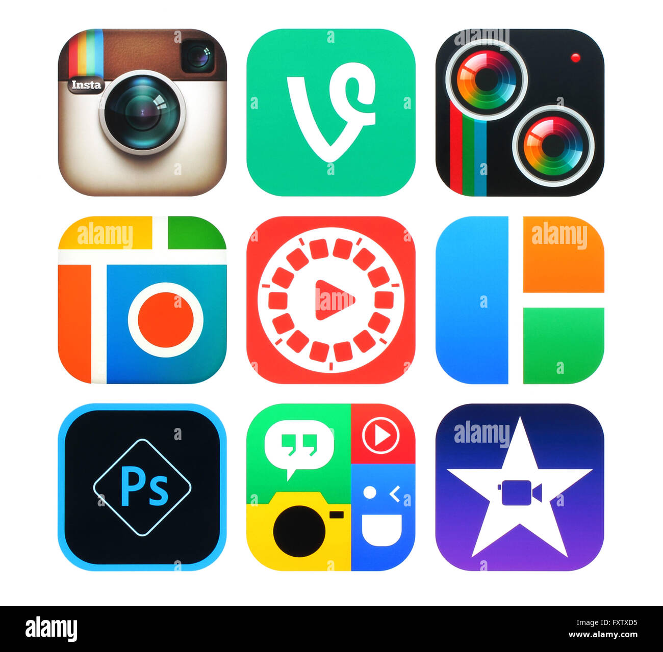 Kiev, Ucraina - 22 Febbraio 2016: raccolta di foto popolari e icone video stampato su carta: Adobe Photoshop Express Foto Stock