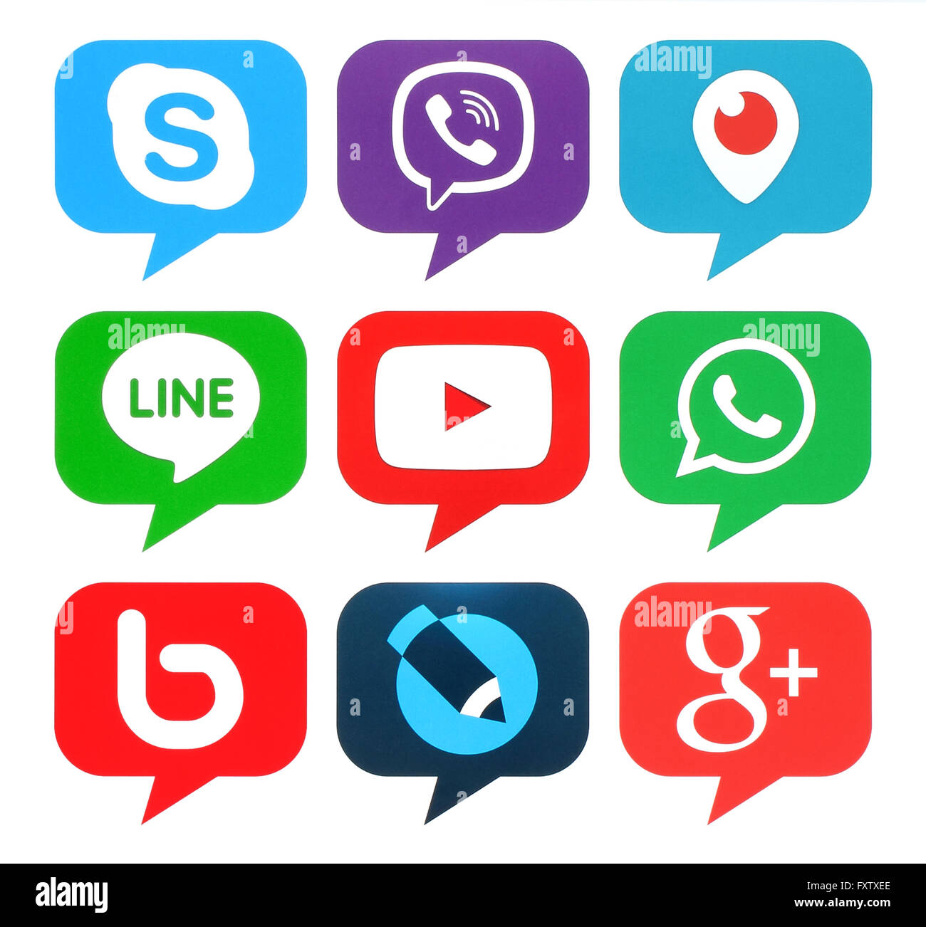 Kiev, Ucraina - 12 Aprile 2016: Raccolta di popolare forma di bolla social media logo stampato su carta:Skype, Viber, periscopio Foto Stock