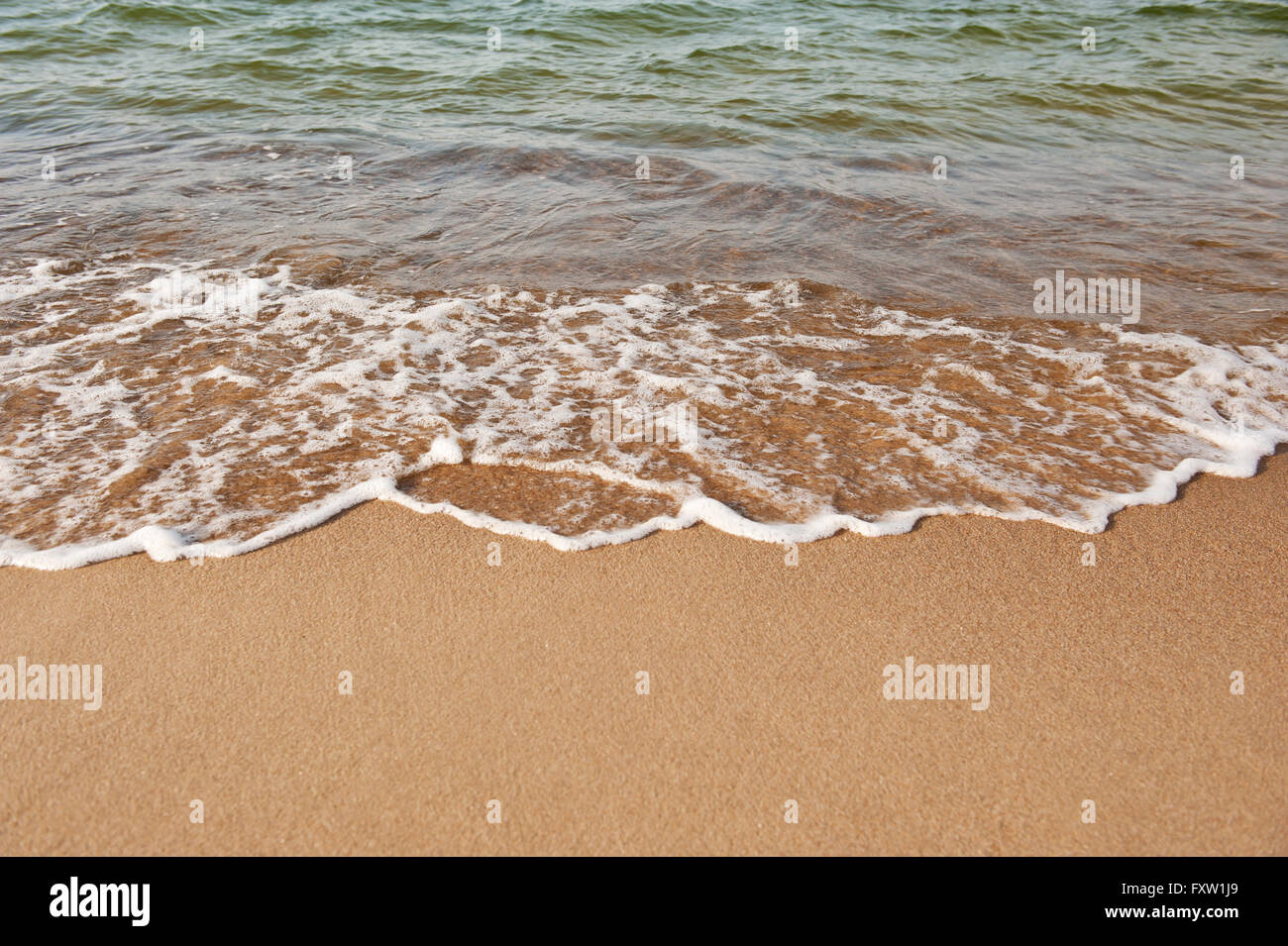 Mare bordo e sabbia closeup presso la spiaggia di Wladyslawowo, Polonia, l'Europa. Acqua calma e natura pacifica dettaglio abstracts Foto Stock