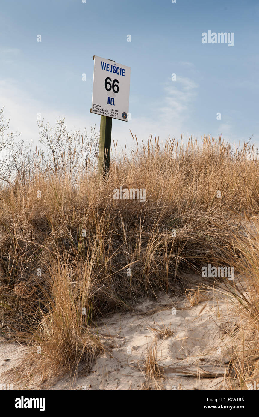 Route 66 segno presso la spiaggia di dune graminacee, riva del mare di Hel in Polonia, l'Europa. Scenario sul lungomare a vuoto sulla costa del mare Foto Stock