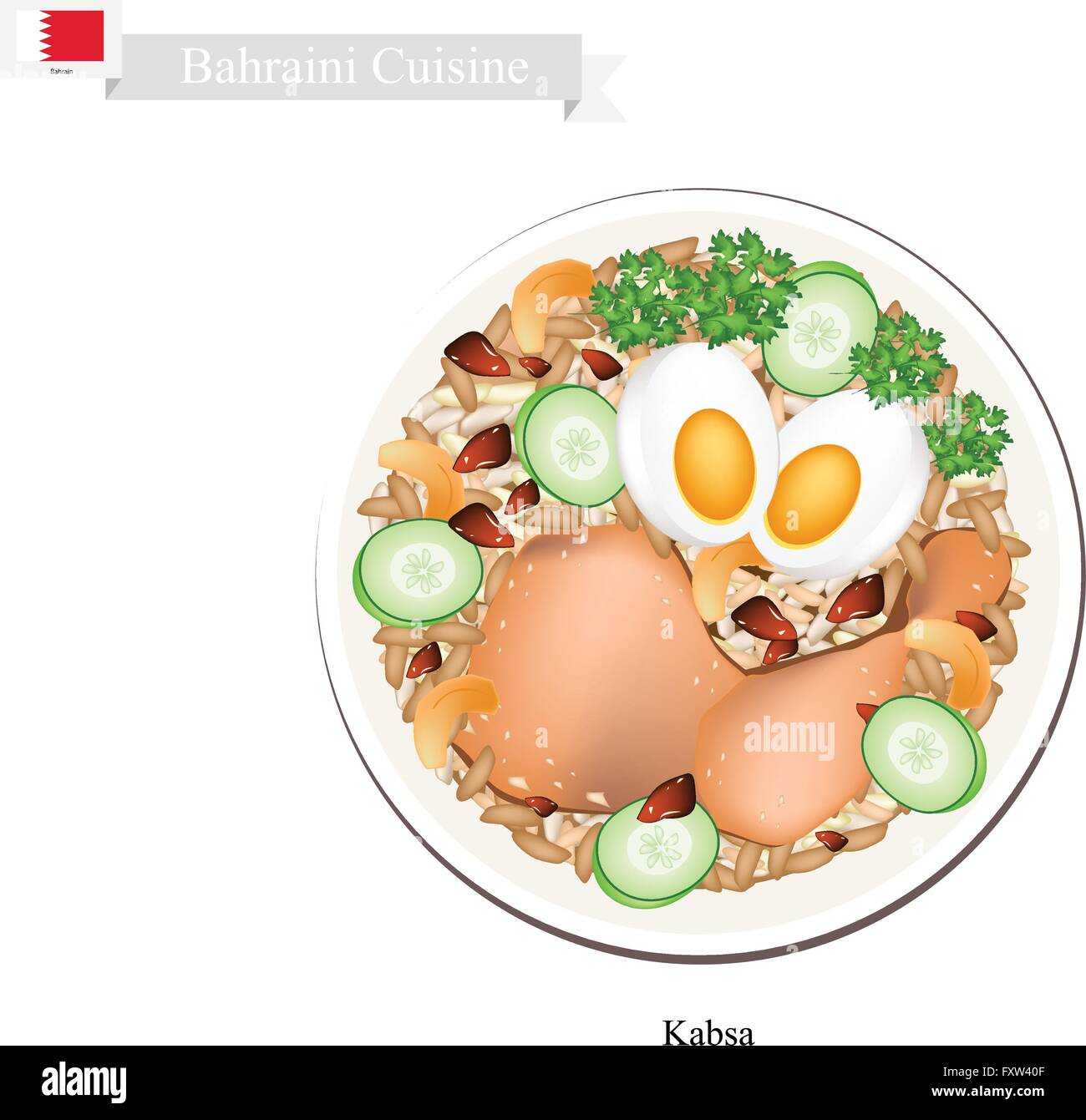 La cucina del Bahrein, Machboos Kabsa o il riso Basmati condito con pollo e spezie. Uno dei più popolari piatto in Bahrain. Illustrazione Vettoriale