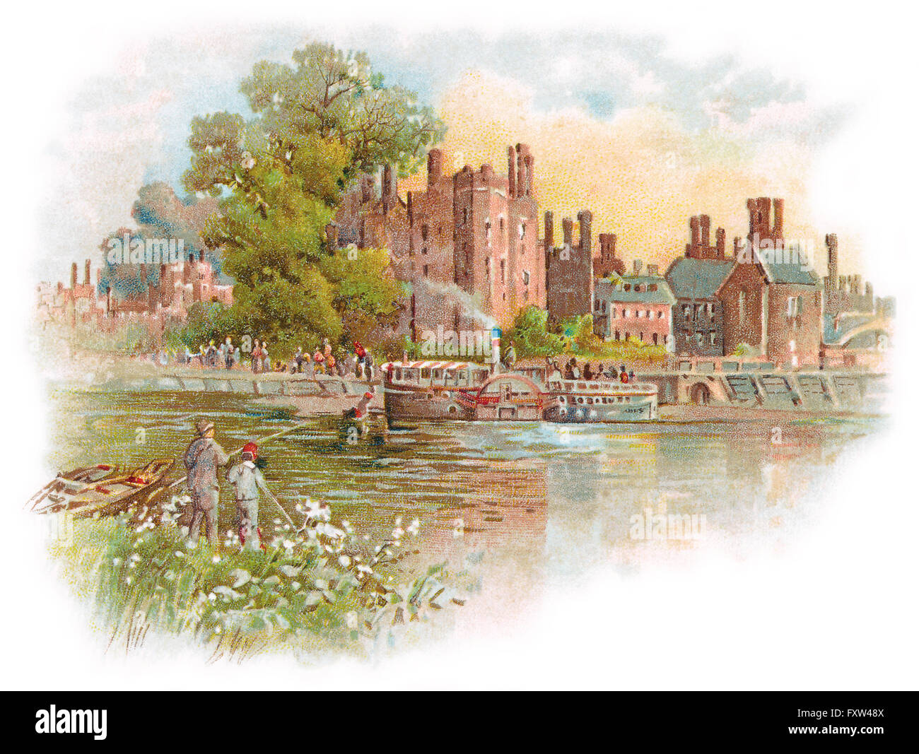 Edwardian illustrazione di Hampton Court Palace e il fiume Tamigi. Foto Stock