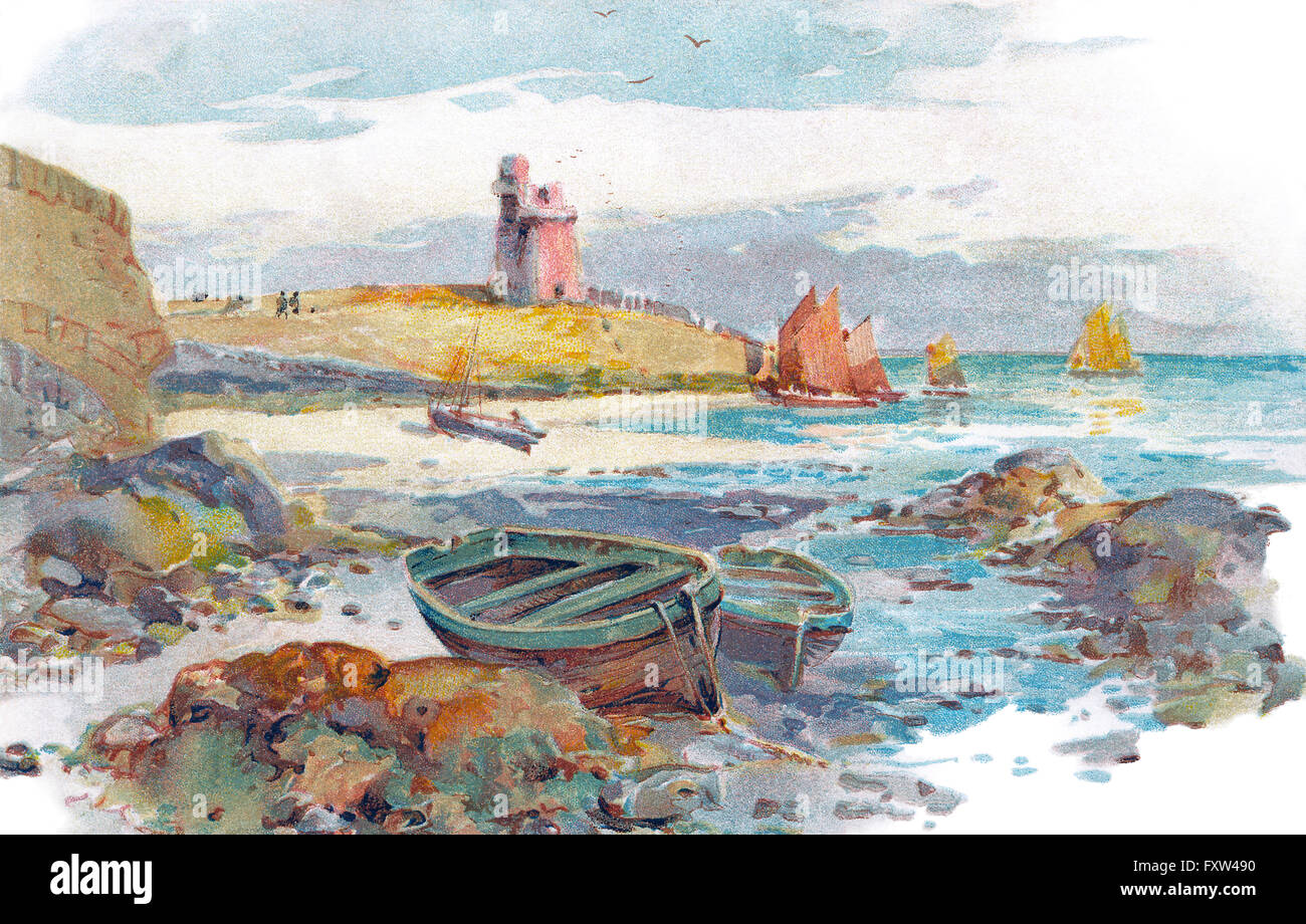 Edwardian Illustrazione a colori di Lynmouth nel Devon. Foto Stock