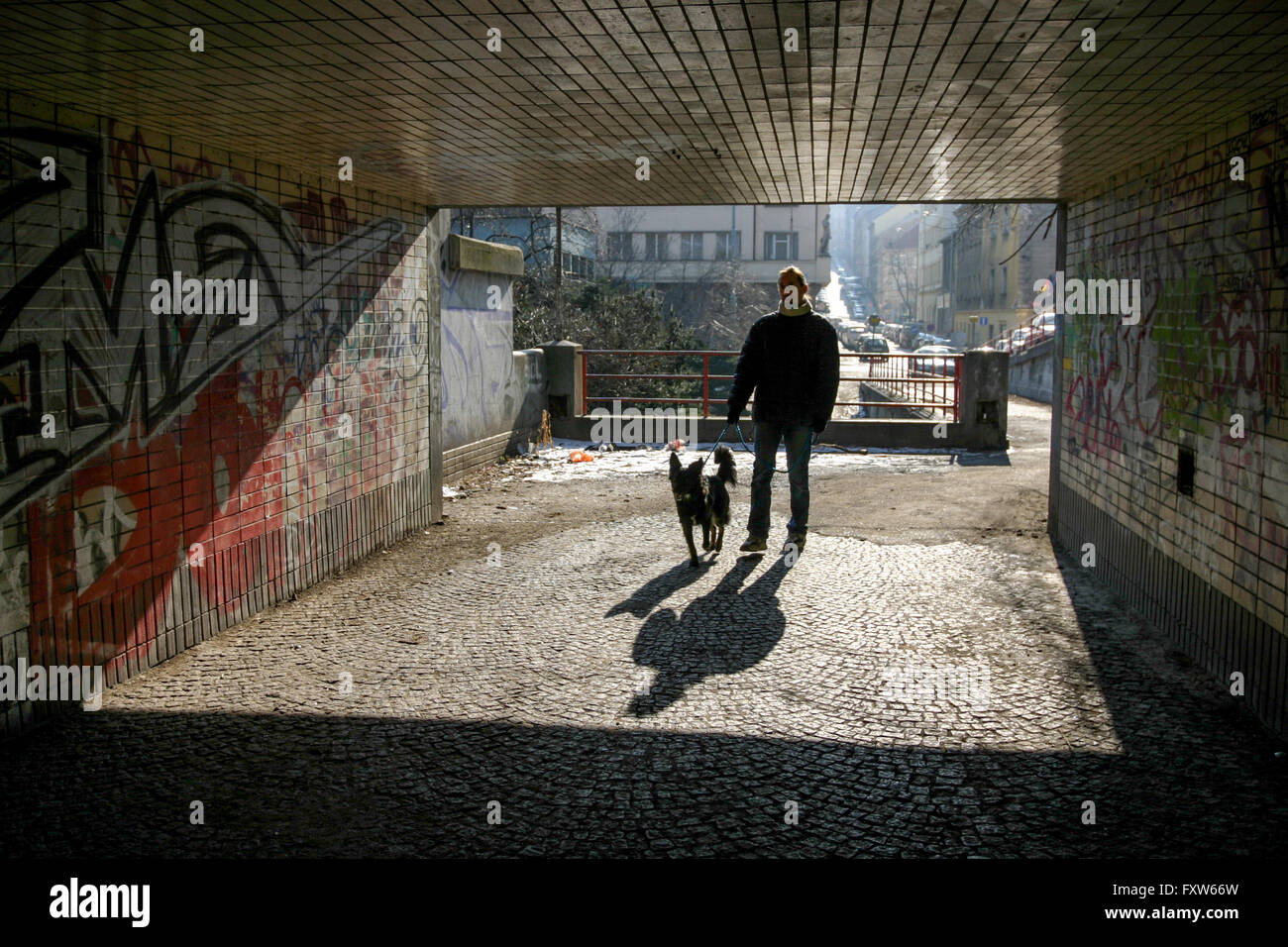 Un uomo con un cane a fare una passeggiata, passa accanto a Praga Zizkov, un uomo e un cane che camminano da soli in una scena urbana con retroilluminazione, silhouette con ombre a terra Foto Stock