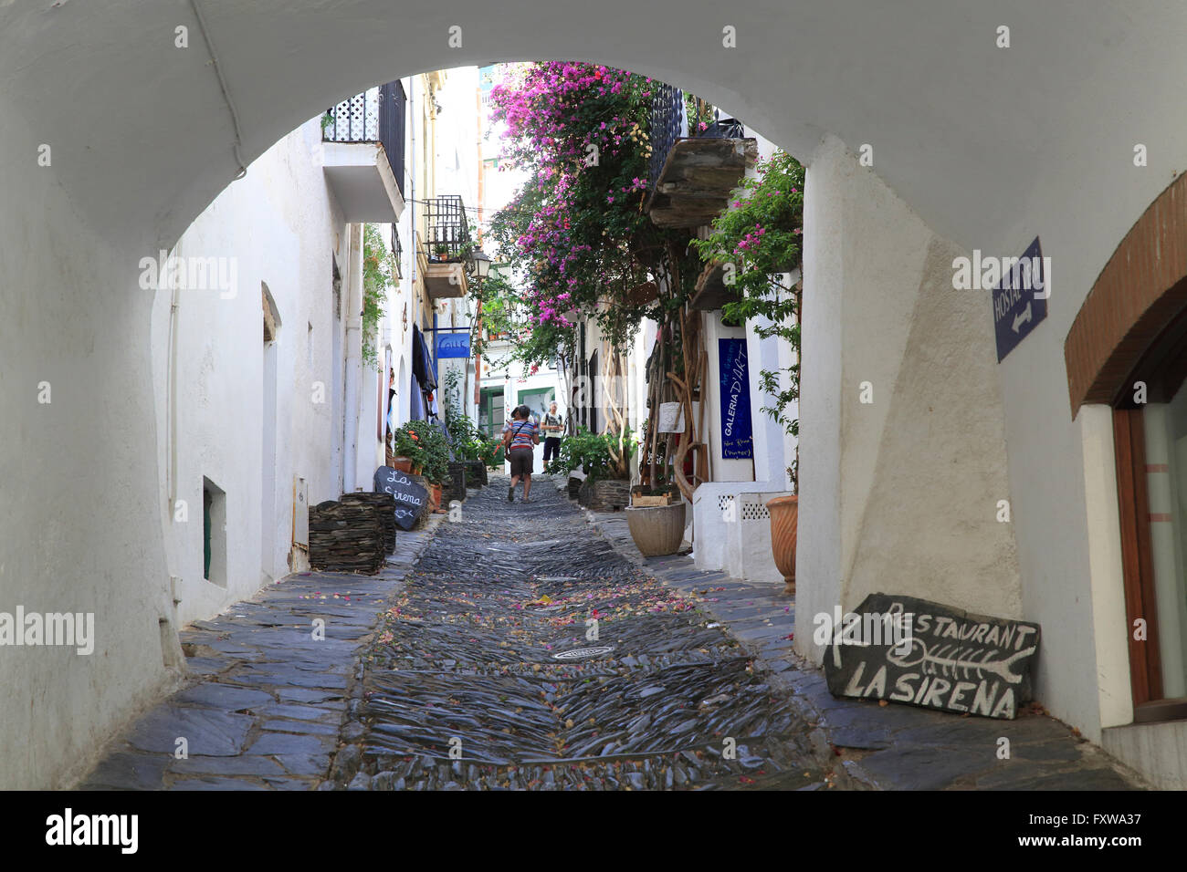 Piuttosto Carrer D'es chiamata, nel cuore di bianco lavato Cadaques, sul Cap de Creus penisola, in Catalogna, in Spagna, Europa Foto Stock