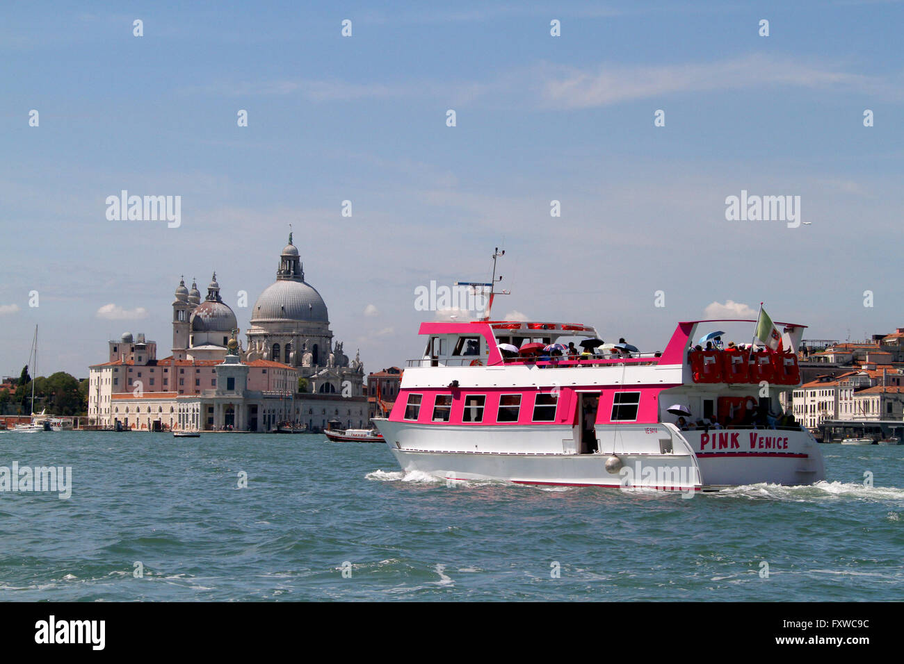 BASILICA DI SANTA MARIA DELLA SALUTE & rosa imbarcazione turistica Venezia Venezia Italia 01 Agosto 2014 Foto Stock