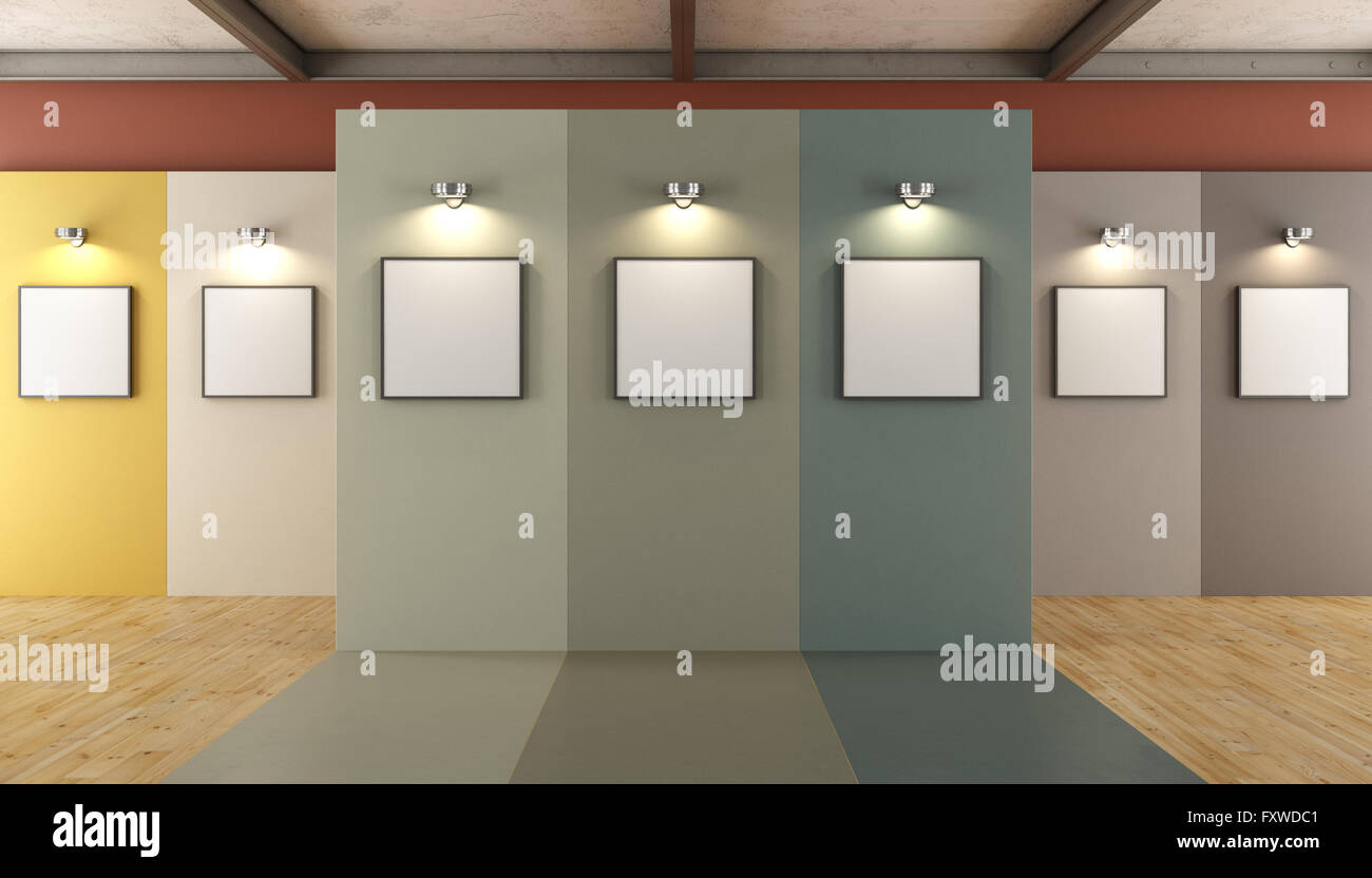Galleria d'Arte Moderna con pannelli colorati e telaio vuoto - 3d rendering Foto Stock