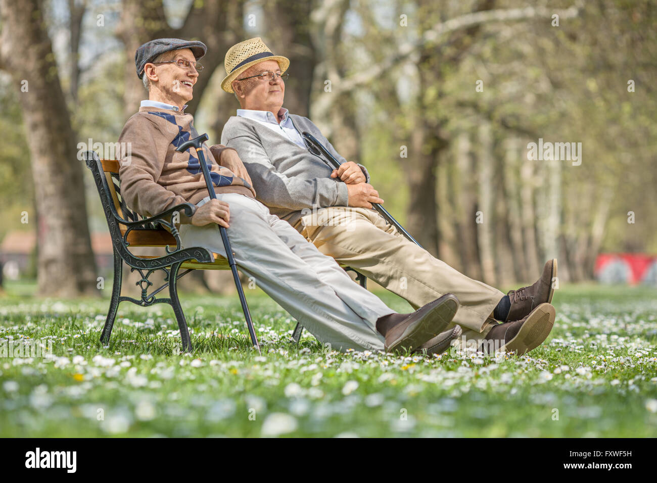 Due autorevoli colleghi seduti e rilassarvi su una panca di legno in un parco in una giornata di sole Foto Stock