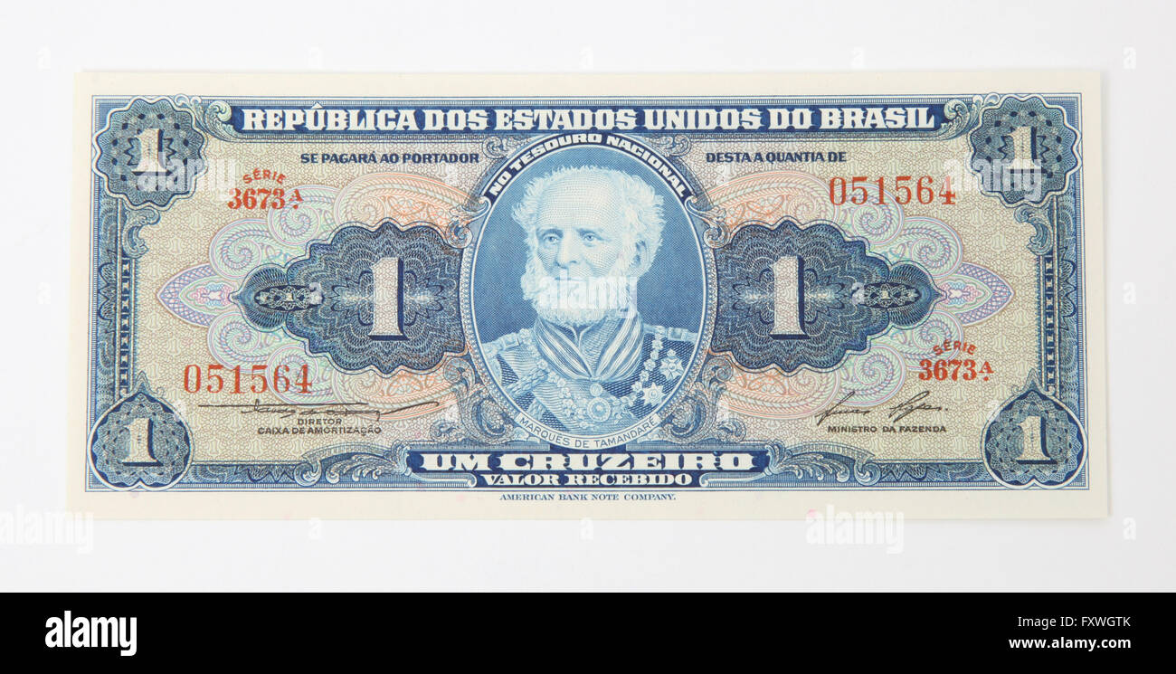 La parte anteriore un brasiliano 1 banca Cruzeiro nota dal 1954 Foto Stock