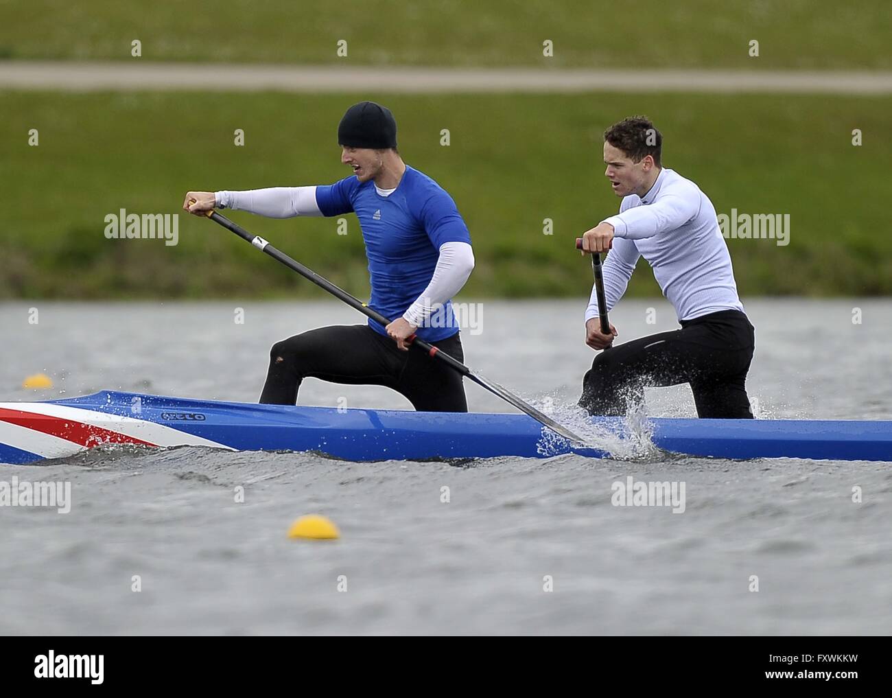 Holme Pierrepont, Nottingham, Regno Unito. Xviii Apr, 2016. Joe Hayman Joyce e Ian Weir. Gara 8. Mens C2 1000m finale. British Canoa Sprint prove olimpiche. Centro sportivo nazionale per l'acqua. Holme Pierrepont. Nottingham. Regno Unito. 18/04/2016. Credito: Sport In immagini/Alamy Live News Foto Stock