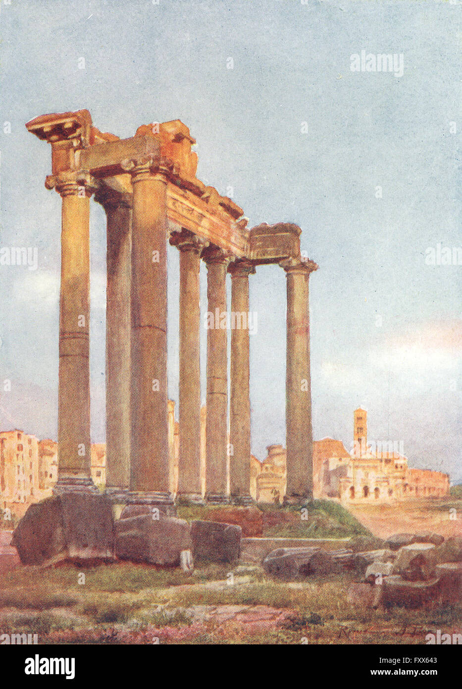 Roma: Tempio di Saturno Portico Dii Consentes, antica stampa 1905 Foto Stock