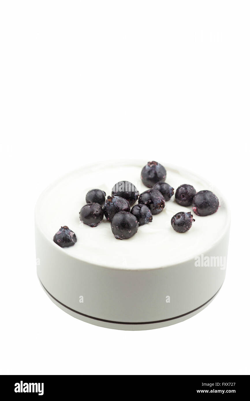 Bacche di Saskatoon cosparse su una ciotola di yogurt greco su fondo bianco. Conosciuto anche come Junebries. Foto Stock