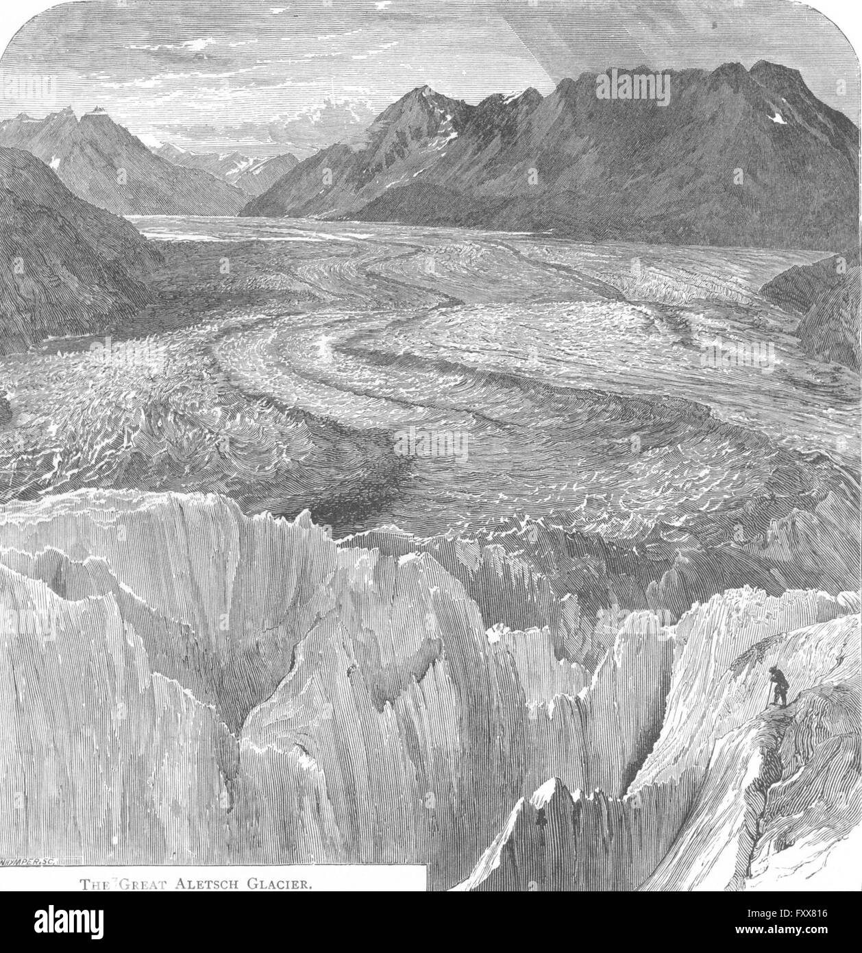Svizzera: il grande ghiacciaio di Aletsch, antica stampa 1891 Foto Stock