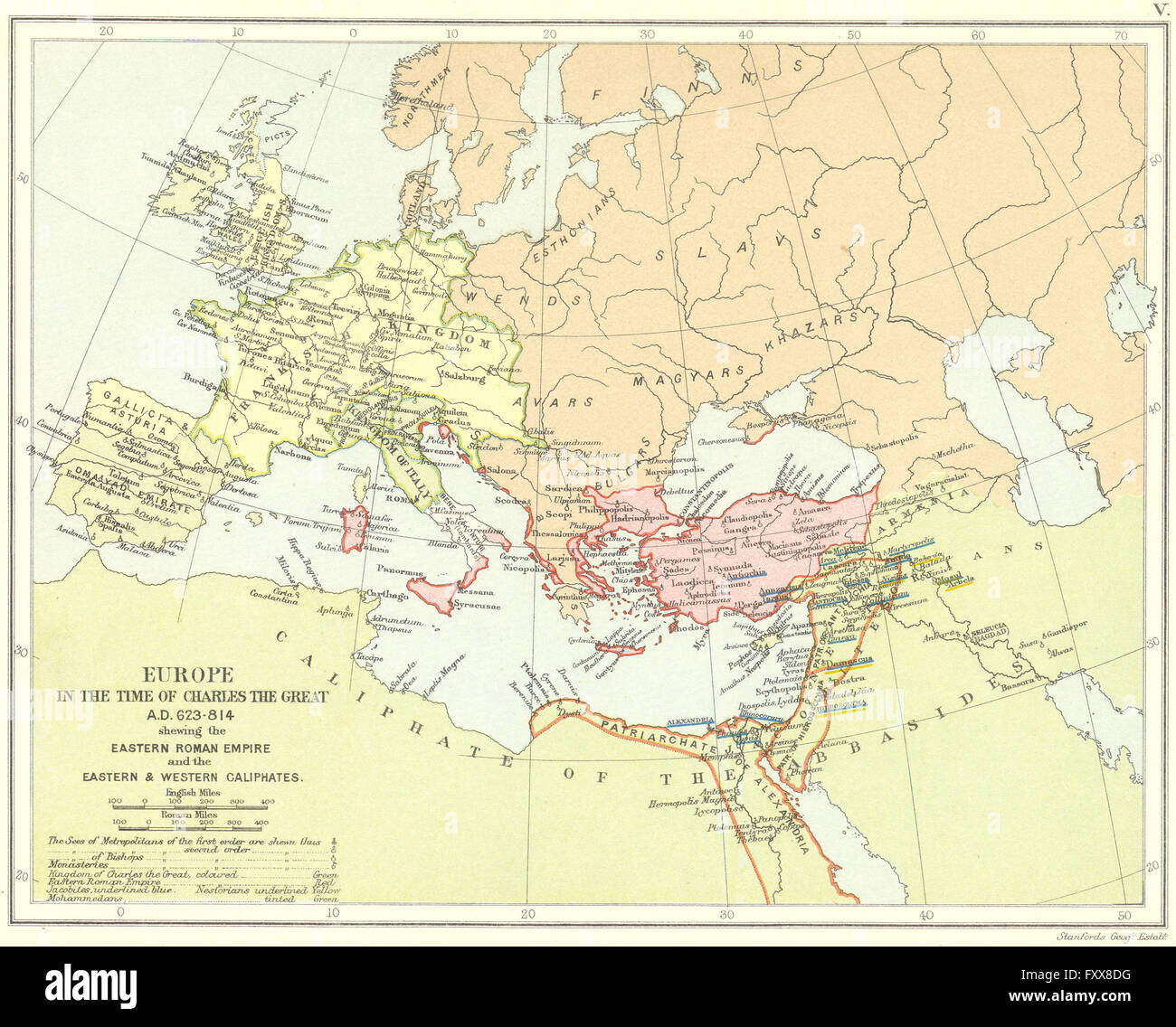 Europa 623-814annuncio: impero frankish. Impero Romano d'Oriente. Caliphates, 1897 Mappa Foto Stock