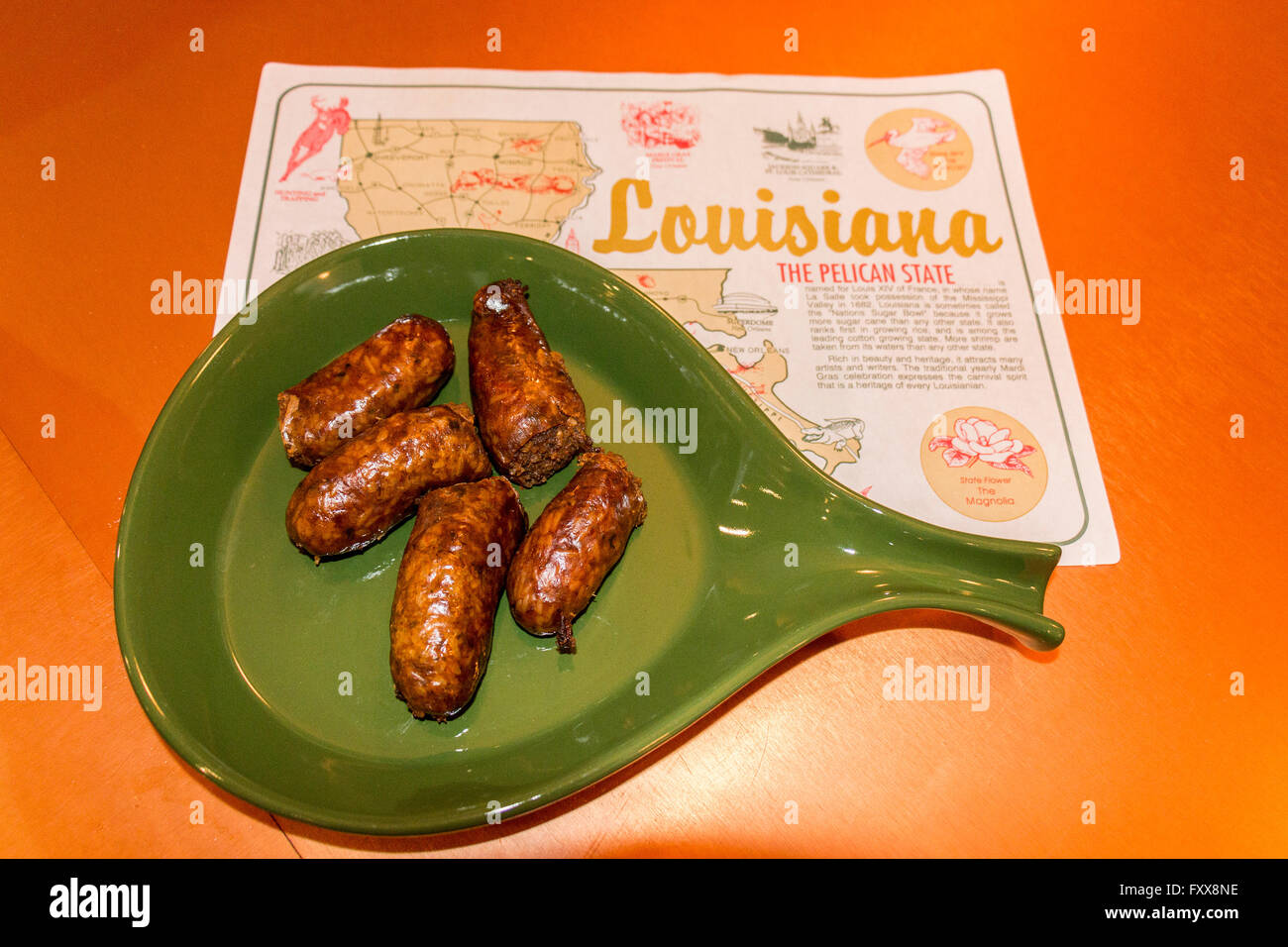 Yummy boudin, una specialità della Louisiana che guarda come salsicce ma è davvero una combinazione di riso, carne di maiale, cipolle e altro ancora Foto Stock