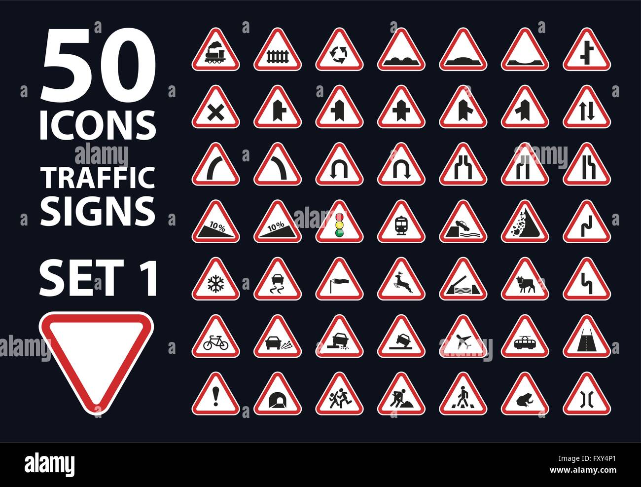 Vettore Collezione di traffico segno di avvertimento triangolo rosso road set 1 Illustrazione Vettoriale