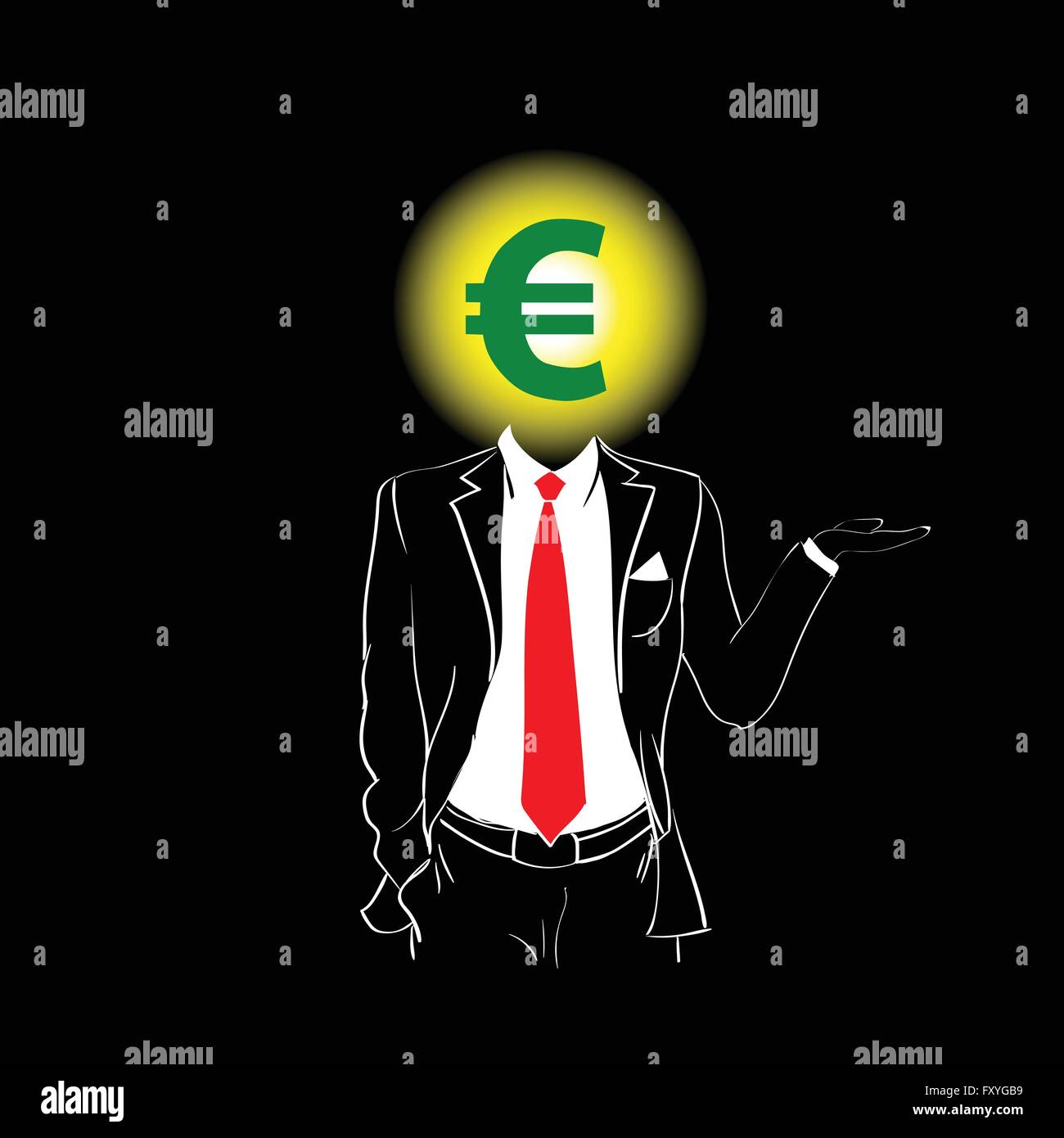 Silhouette uomo tuta cravatta rossa simbolo Euro testa Sfondo nero Illustrazione Vettoriale