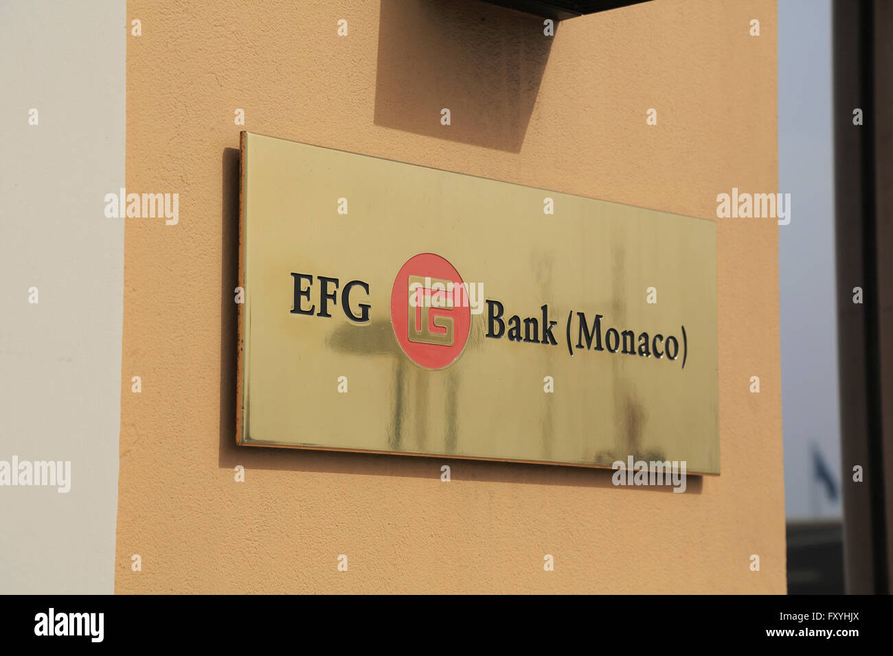 Piastra in ottone della banca privata EFG Bank, Monaco, Monaco Foto Stock