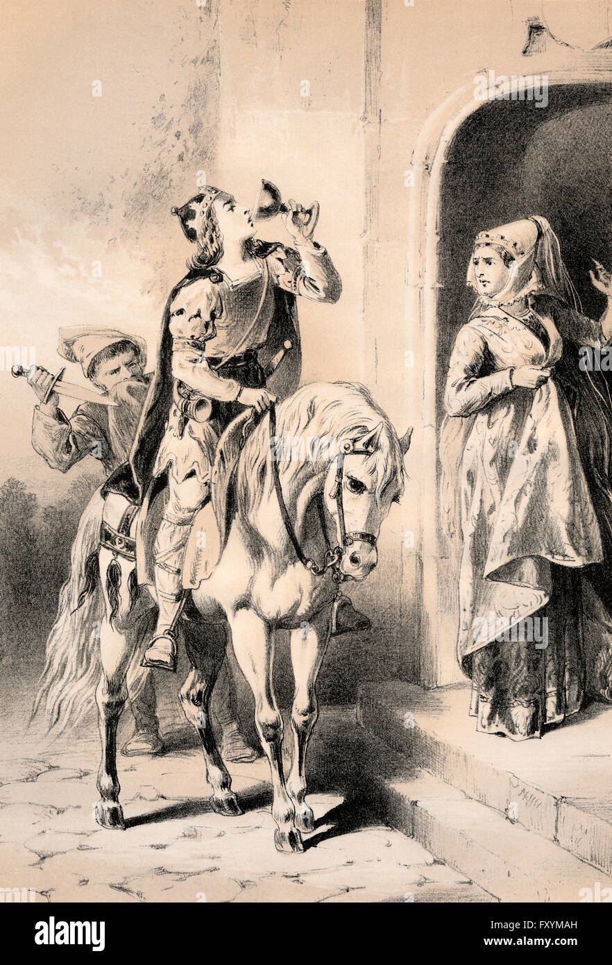 Illustrazione dell'assassinio di Edoardo il martire o Eadweard; c. 962 - 978, Re dell'inglese Foto Stock