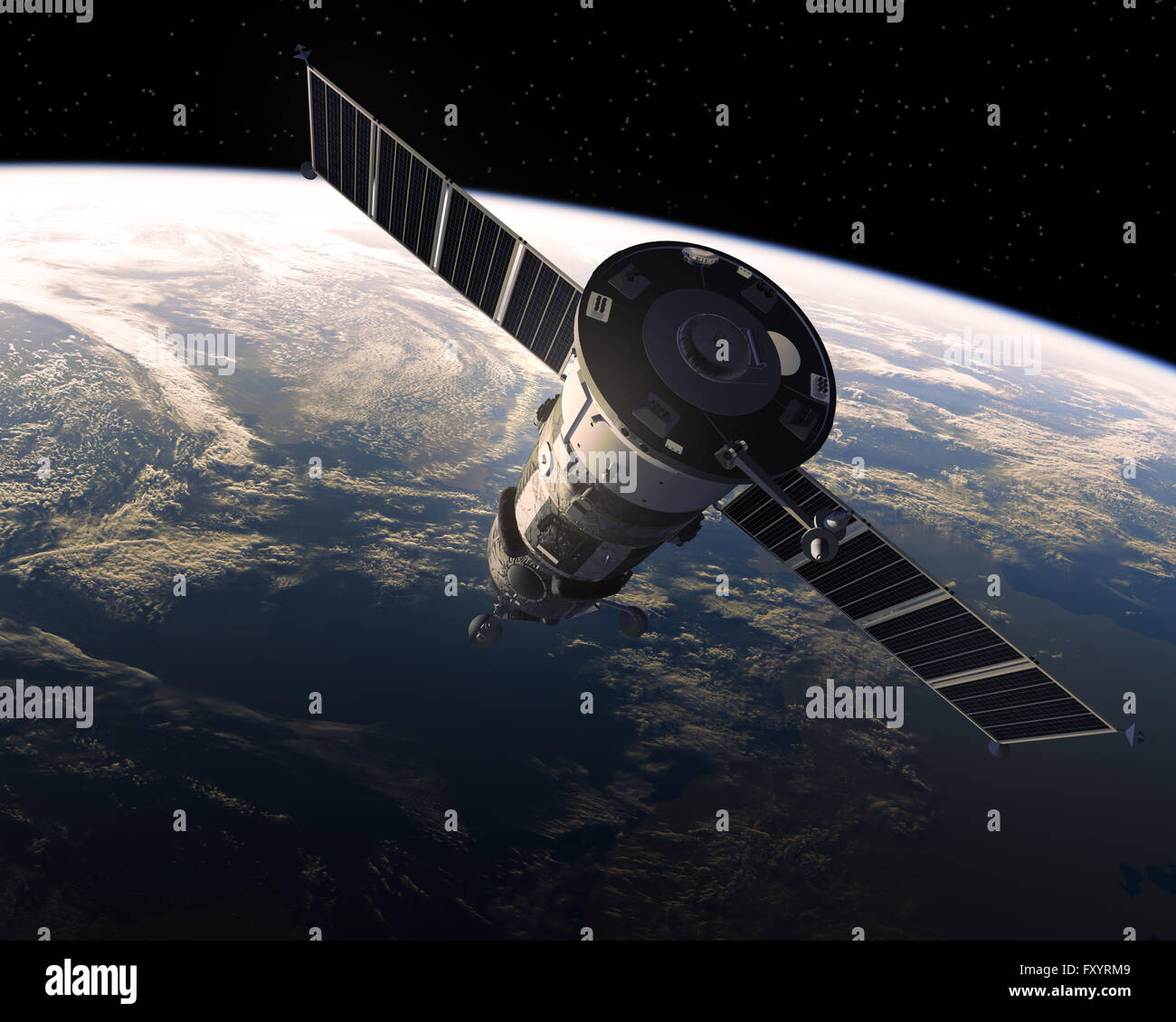 Veicolo spaziale di carico nello spazio. Realistiche scene 3D. Foto Stock