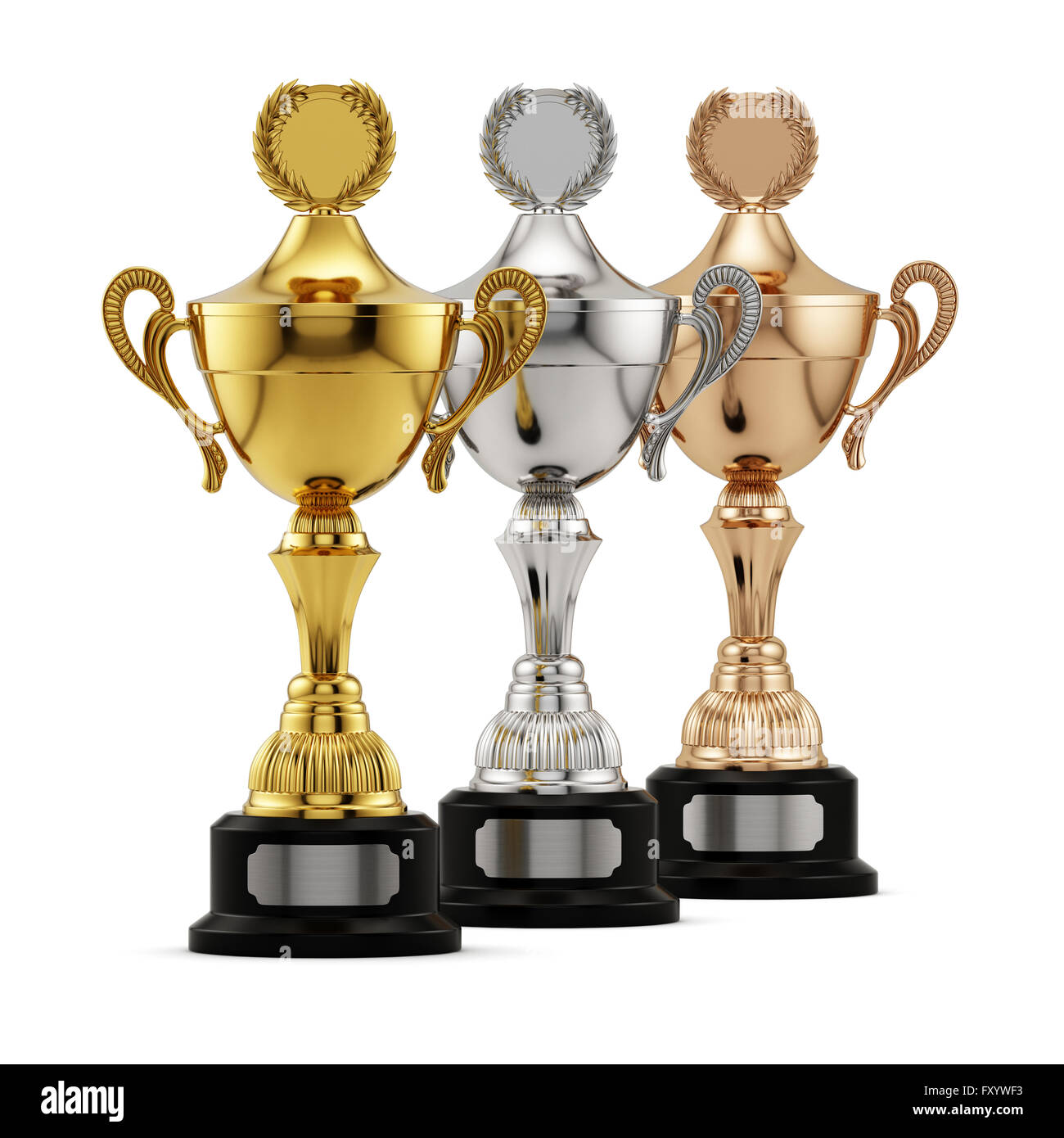 Conquistando il successo gold, silver e bronze award cups isolati su sfondo bianco. Campionato di concorrenza e di concetto del torneo Foto Stock