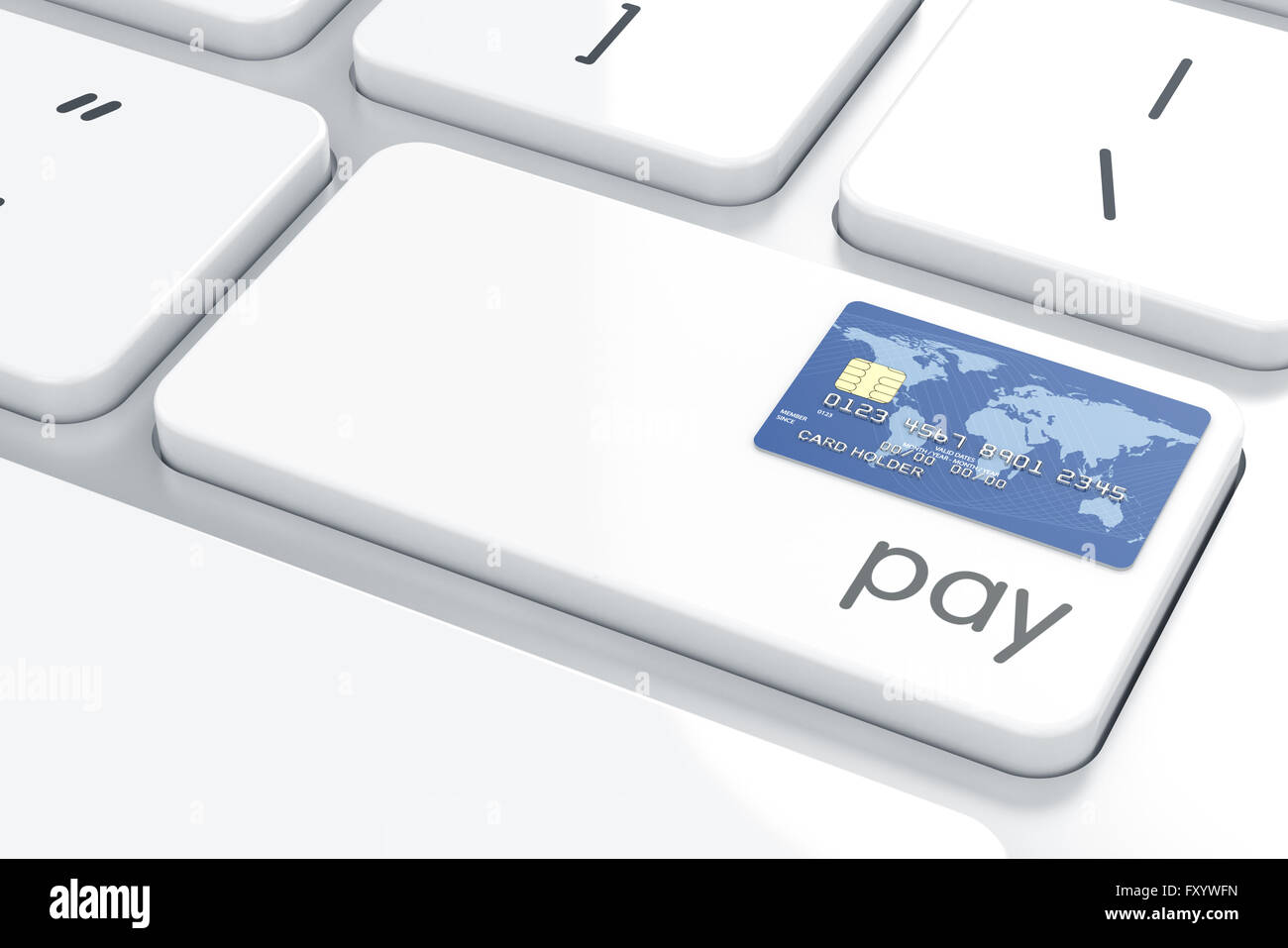 Carta di credito sulla tastiera del computer. Paga ora pulsante calcolatore concetto. Il rendering 3D Foto Stock