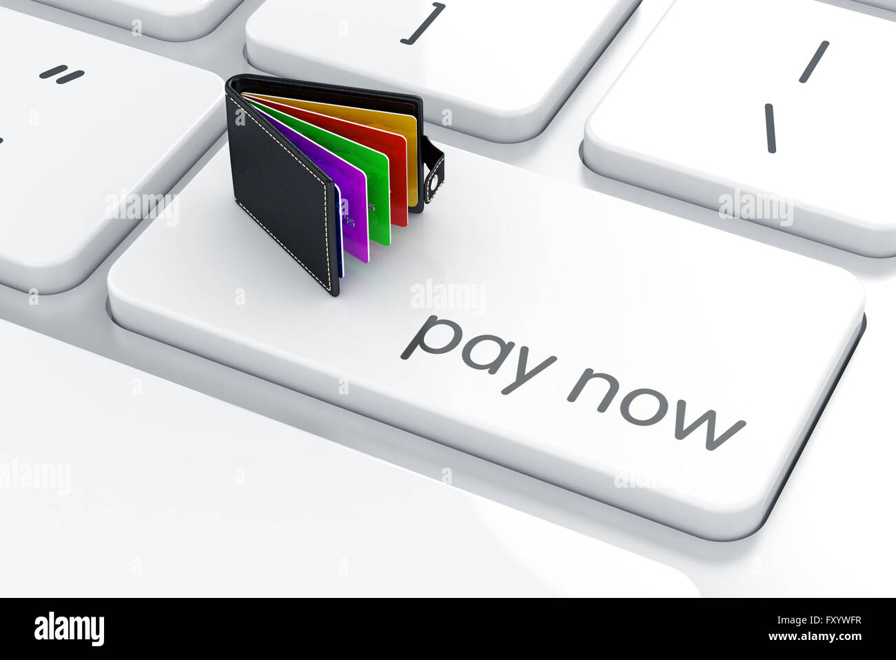 Portafoglio in pelle con colorfull carte di credito sulla tastiera del computer. Paga ora pulsante calcolatore concetto. Il rendering 3D Foto Stock