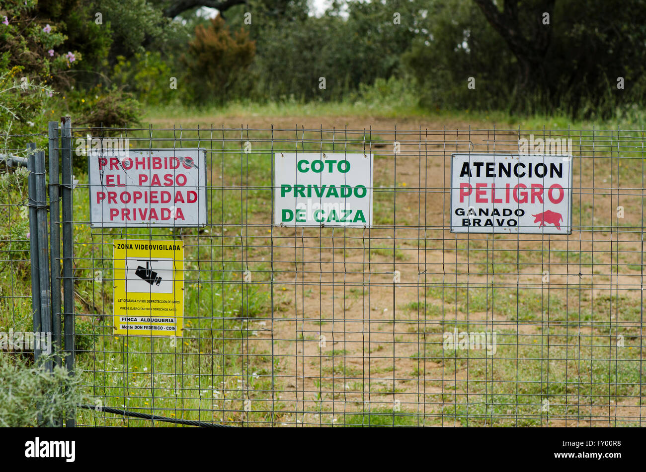 Segni di guardare fuori per i tori da corrida e private area di caccia. video controllato in Spagna. Foto Stock