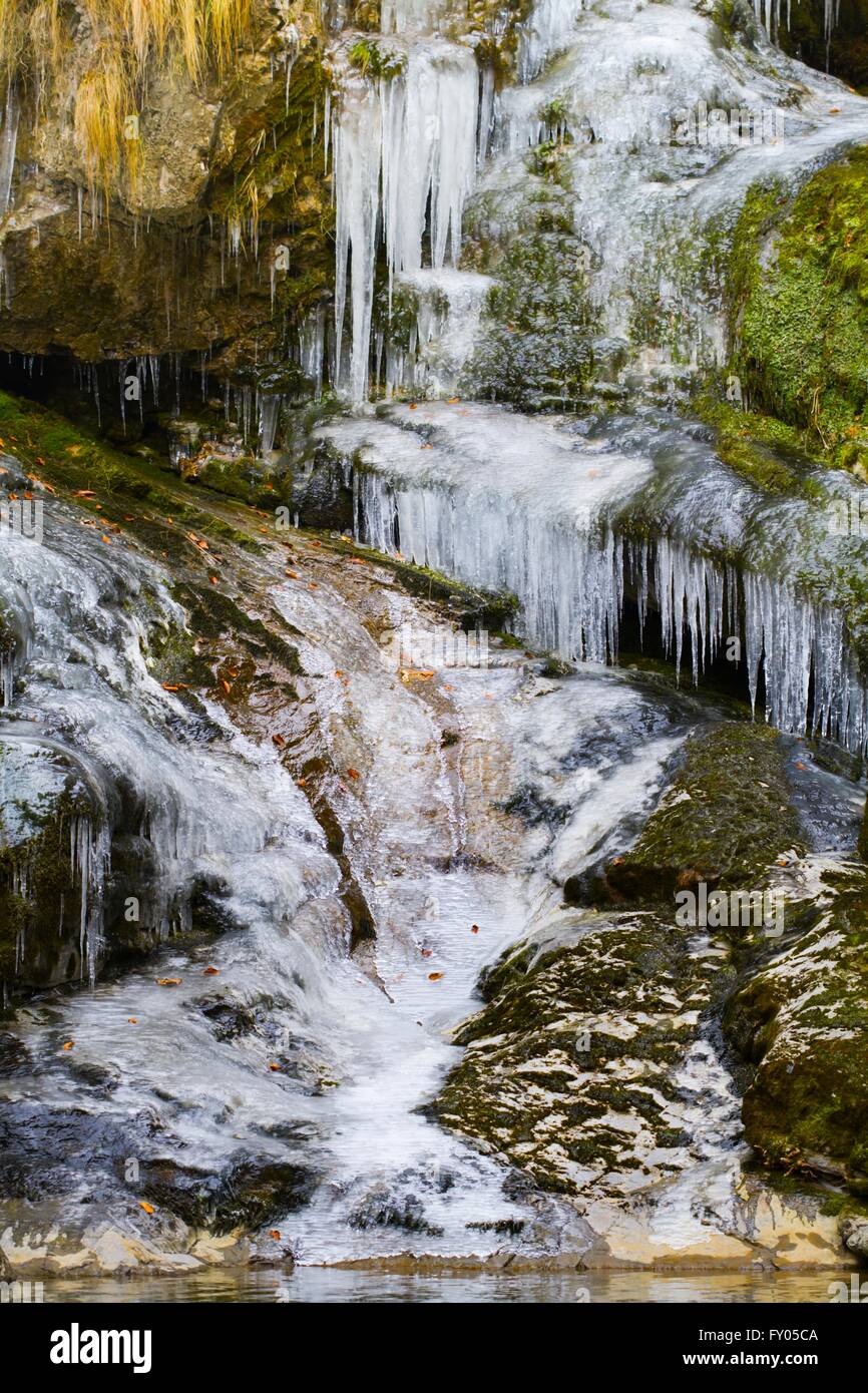 Colorato icy riverside, fiume Curak Zeleni vir in Croazia Foto Stock