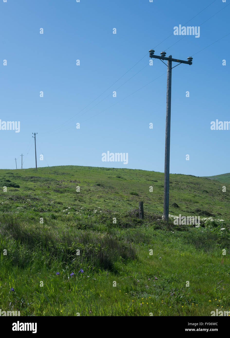 Poli di potenza di taglio trasversale e di una verde collina erbosa con un cielo blu sullo sfondo Foto Stock
