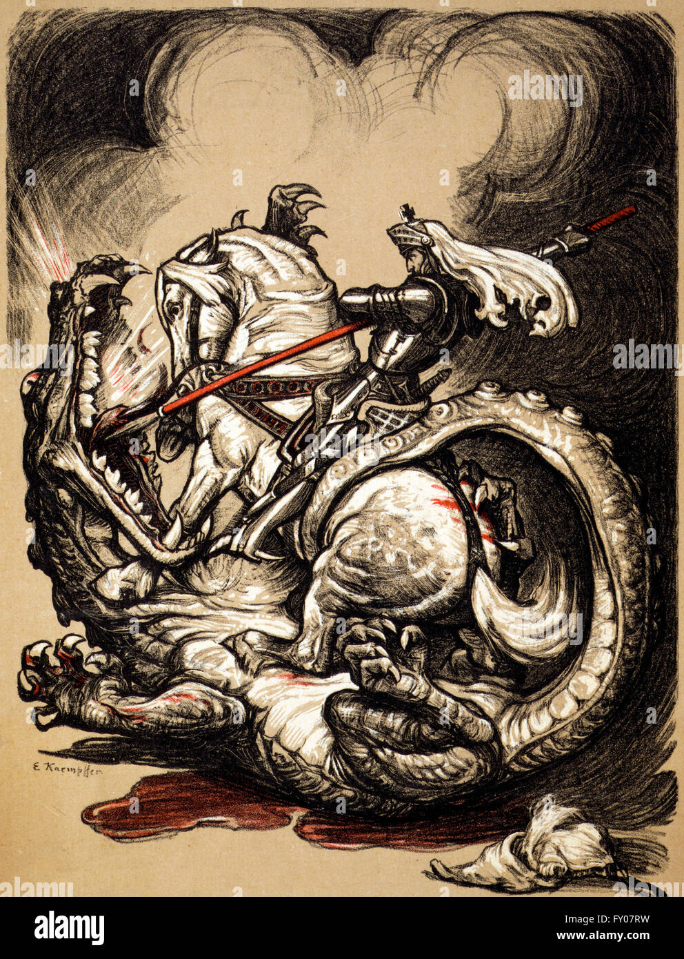 Una illustrazione di San Giorgio a cavallo che uccide il drago. L'artista Edward Kaempster, 1914 Foto Stock