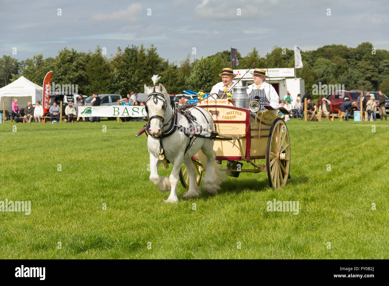 Cavallo pesante e latte carrello affluenza del piccolo caseificio nell'anello principale al gioco di Lancashire e Country Fair 2015. Foto Stock