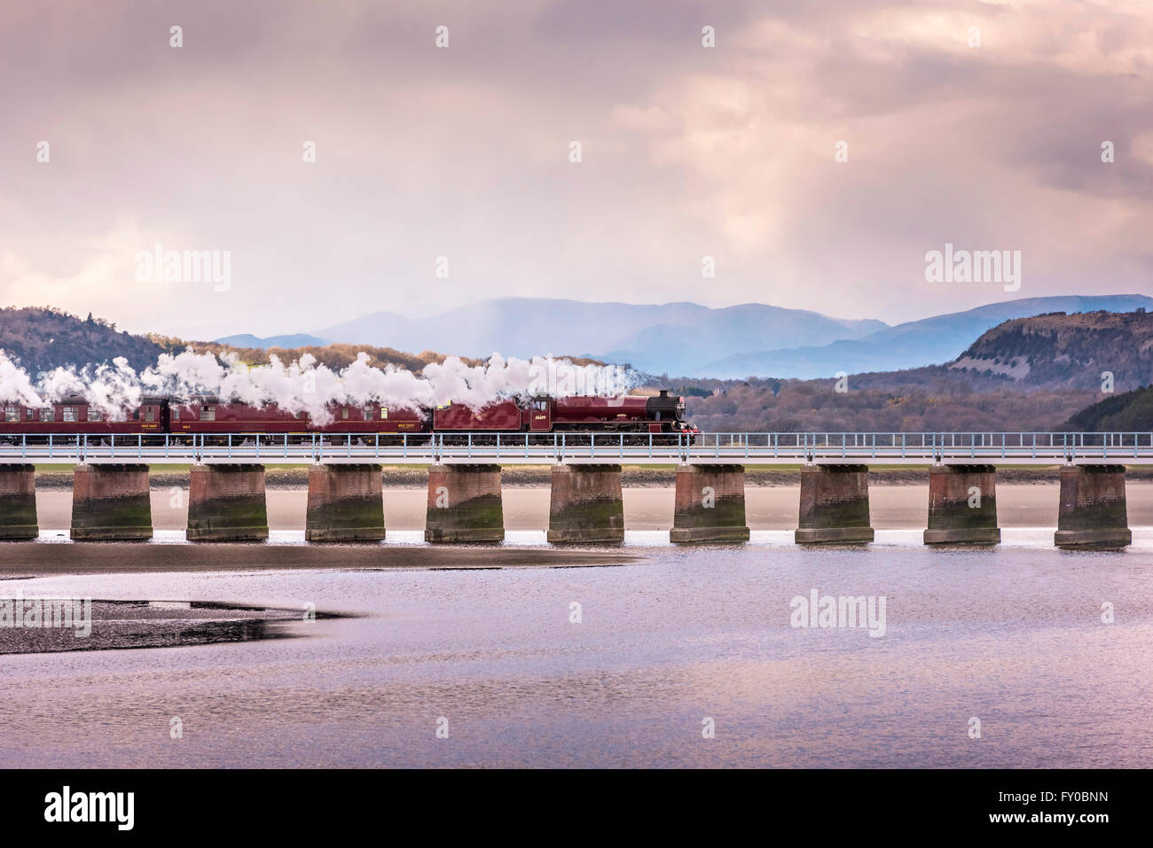 LMS Giubileo classe 6P 4-6-0 n. 45699 Galatea alla testa dello spirito dei laghi railtour attraversa la Arnside viadotto. Foto Stock