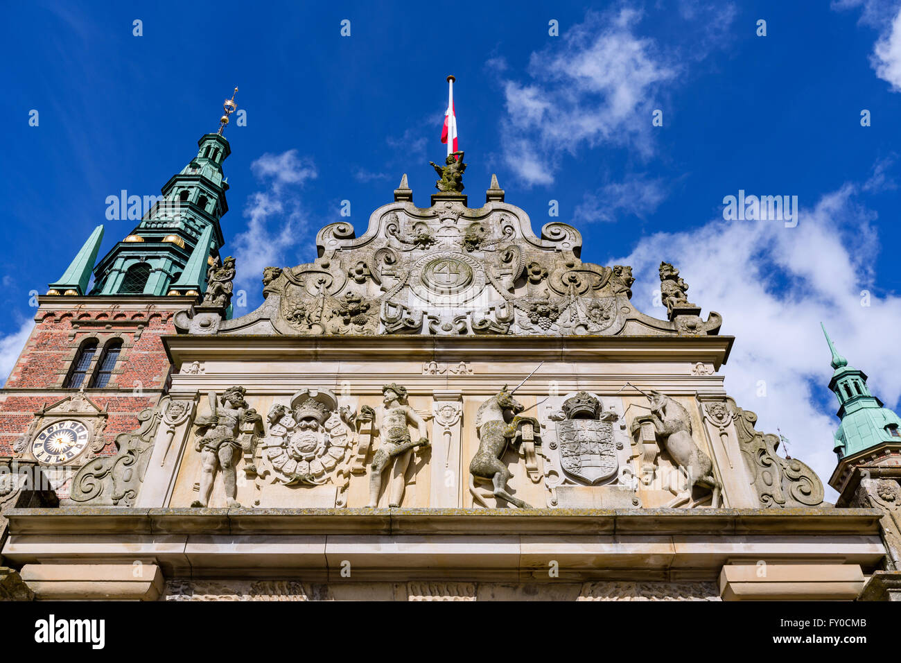 Portale rilievo sulla terrazza ala al Castello Frederiksborg in Hillerød, Danimarca Foto Stock