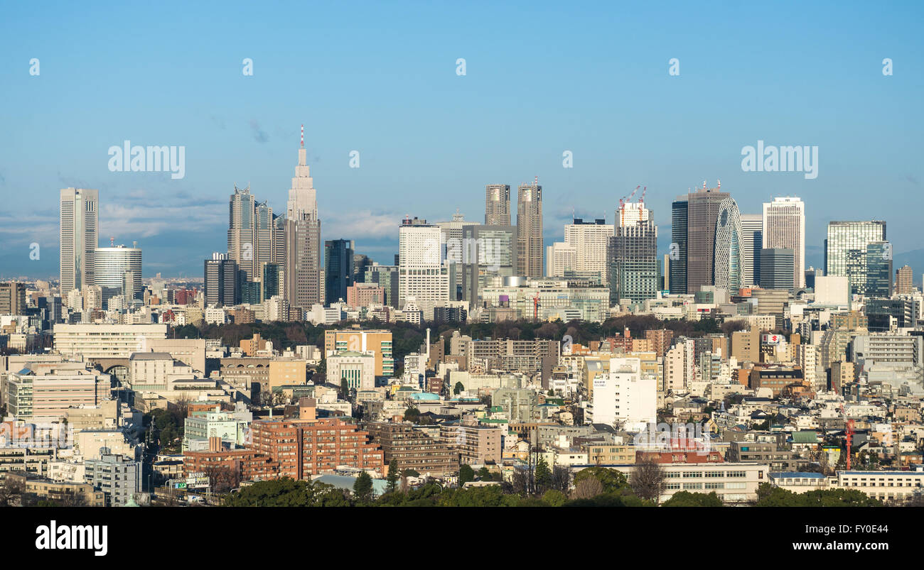 Vista aerea da Hotel New Otani sui grattacieli di Nishi Shinjuku quartiere degli affari in Tokyo, Giappone Foto Stock