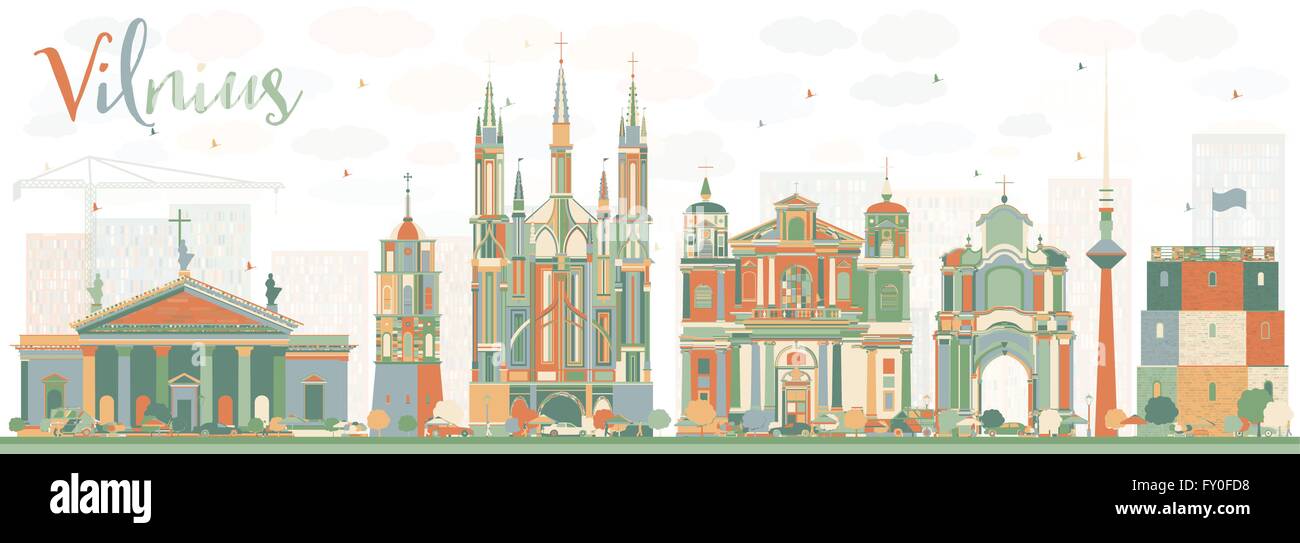 Abstract dello Skyline di Vilnius con punti di riferimento di colore. Illustrazione Vettoriale. Viaggi di affari e turismo concetto con edifici storici. Illustrazione Vettoriale