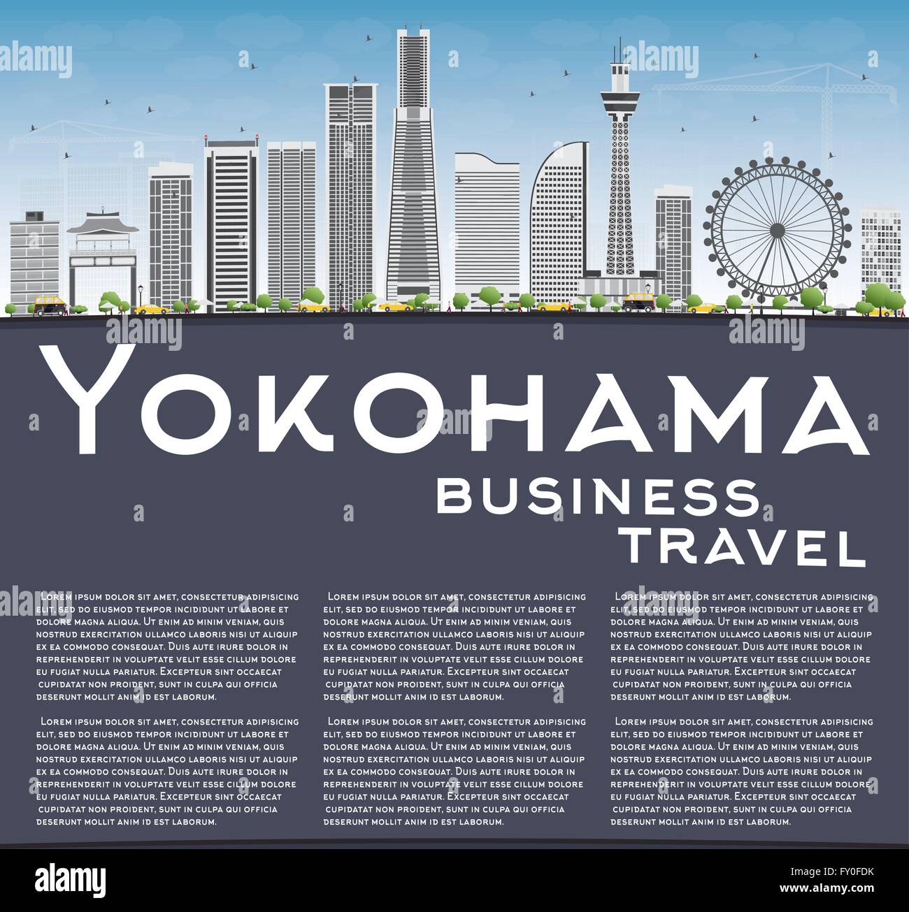 Lo Skyline di Yokohama con edifici grigi, Blu Cielo e spazio di copia. Illustrazione Vettoriale. Gli affari e il turismo Concept Illustrazione Vettoriale