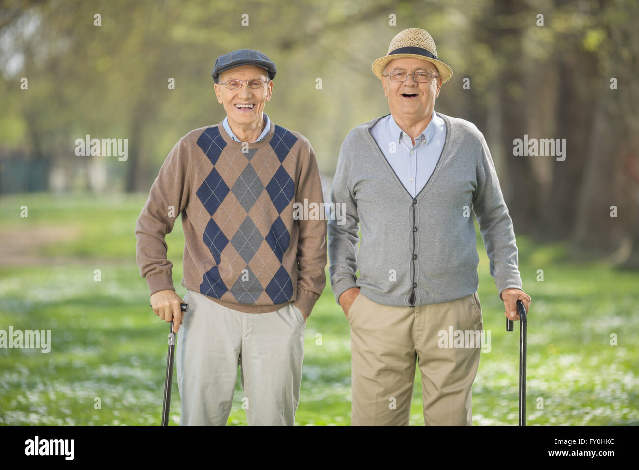Allegro senior amici camminando in un parco in una bella giornata di sole Foto Stock