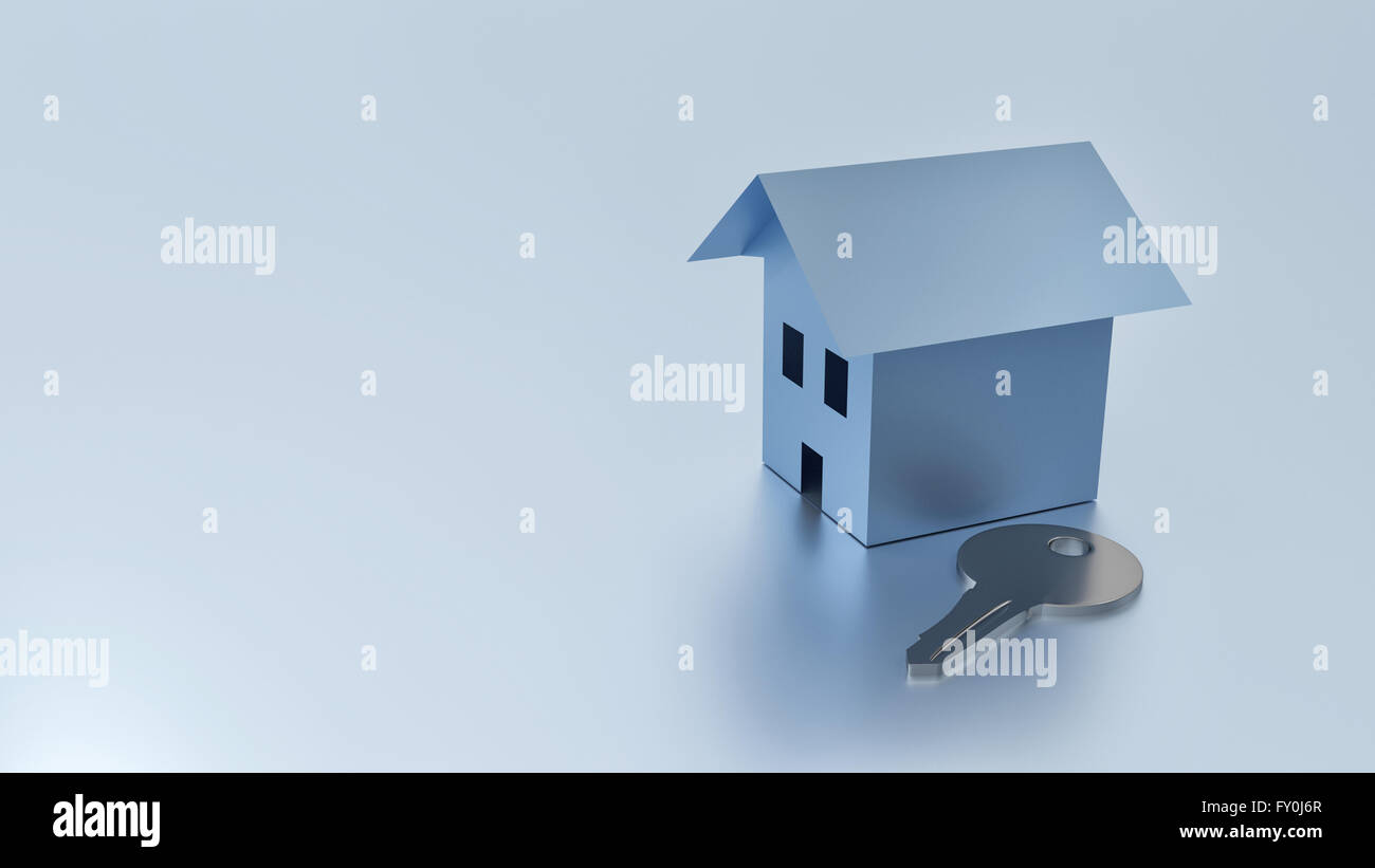 Simbolo della casa con chiave in argento su sfondo blu Foto Stock