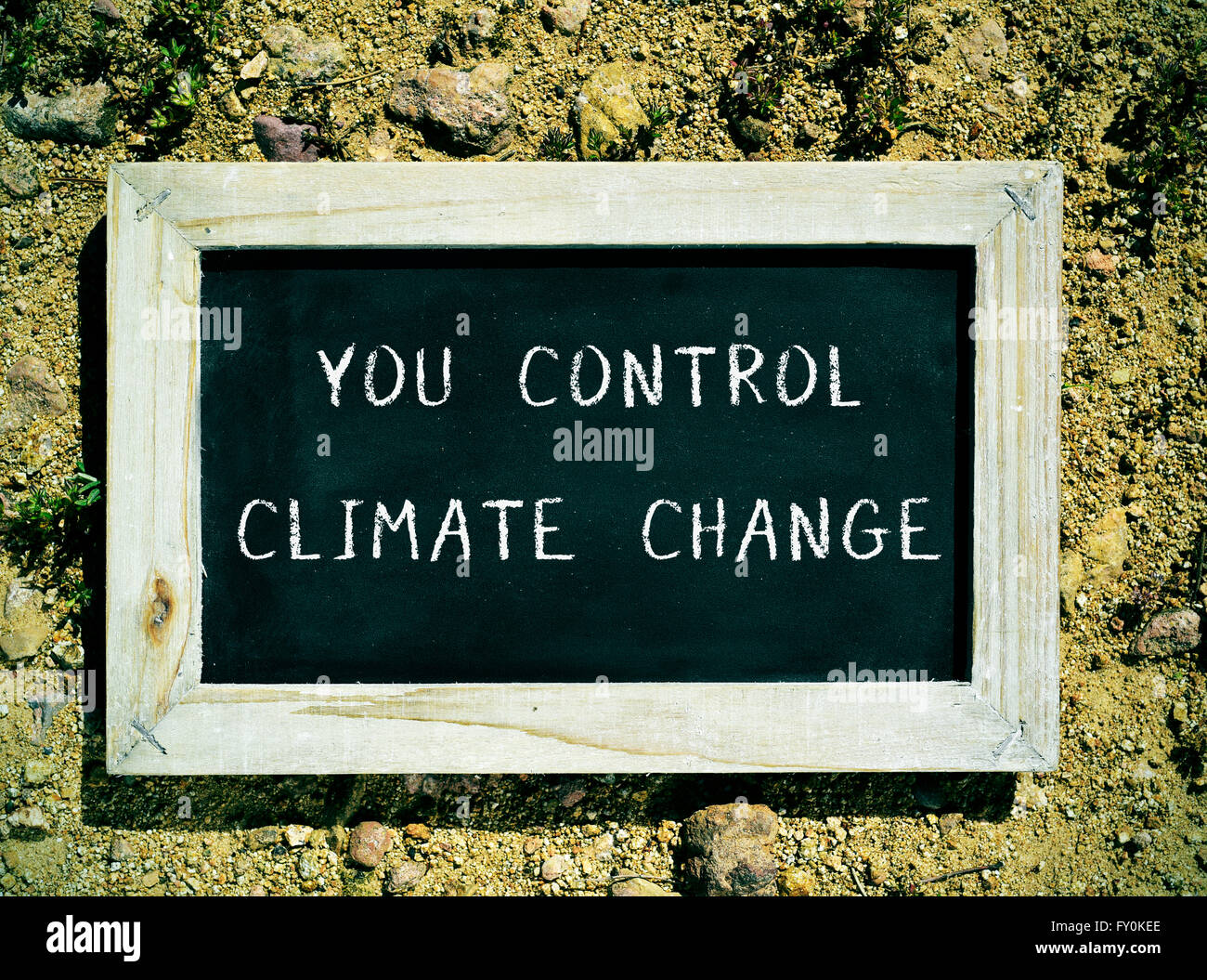 Primo piano di una cornice di legno lavagna con il testo sei tu che controlli i cambiamenti climatici Foto Stock