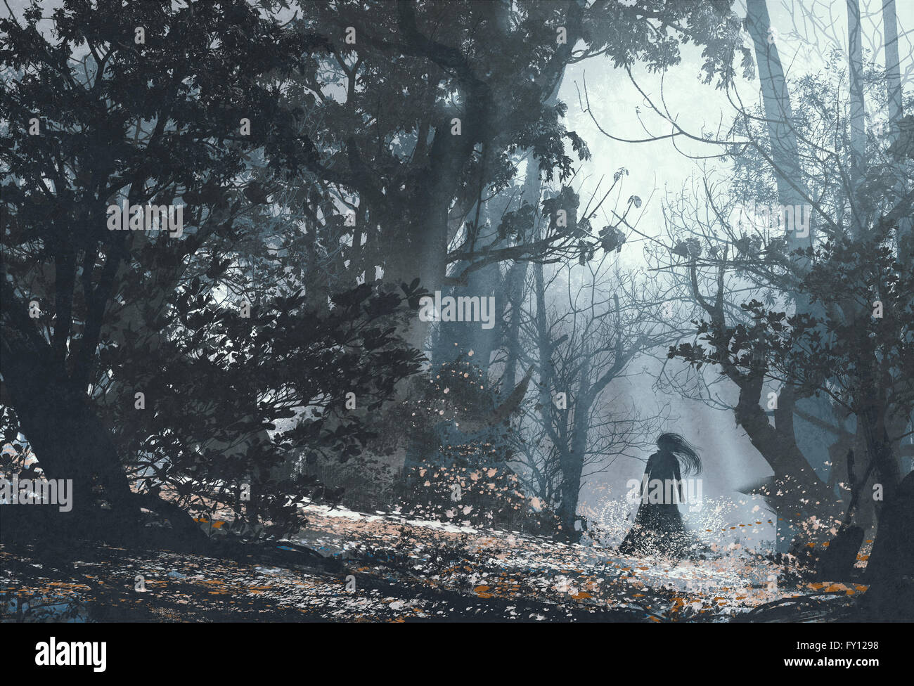 La donna nella misteriosa foresta scura,illustrazione pittura Foto Stock
