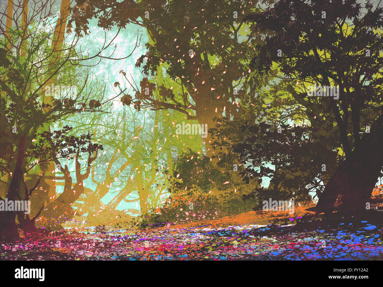 Bel paesaggio con colorati forest,illustrazione pittura Foto Stock