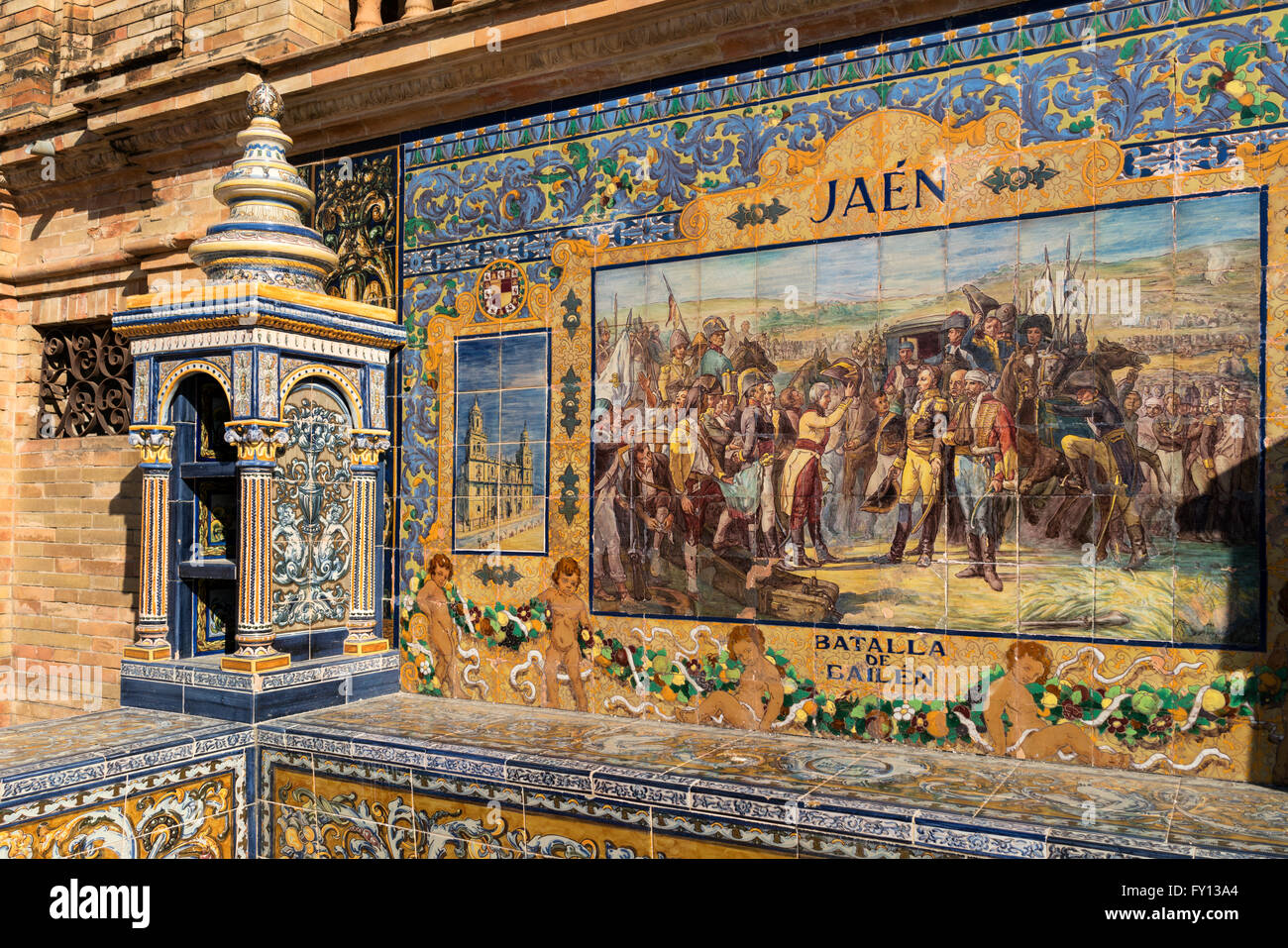 Antica ceramica, piastrelle ceramiche che rappresentano le province e le città della Spagna , Jaen, Placa de Espana, piazza di spagna, Siviglia, Foto Stock