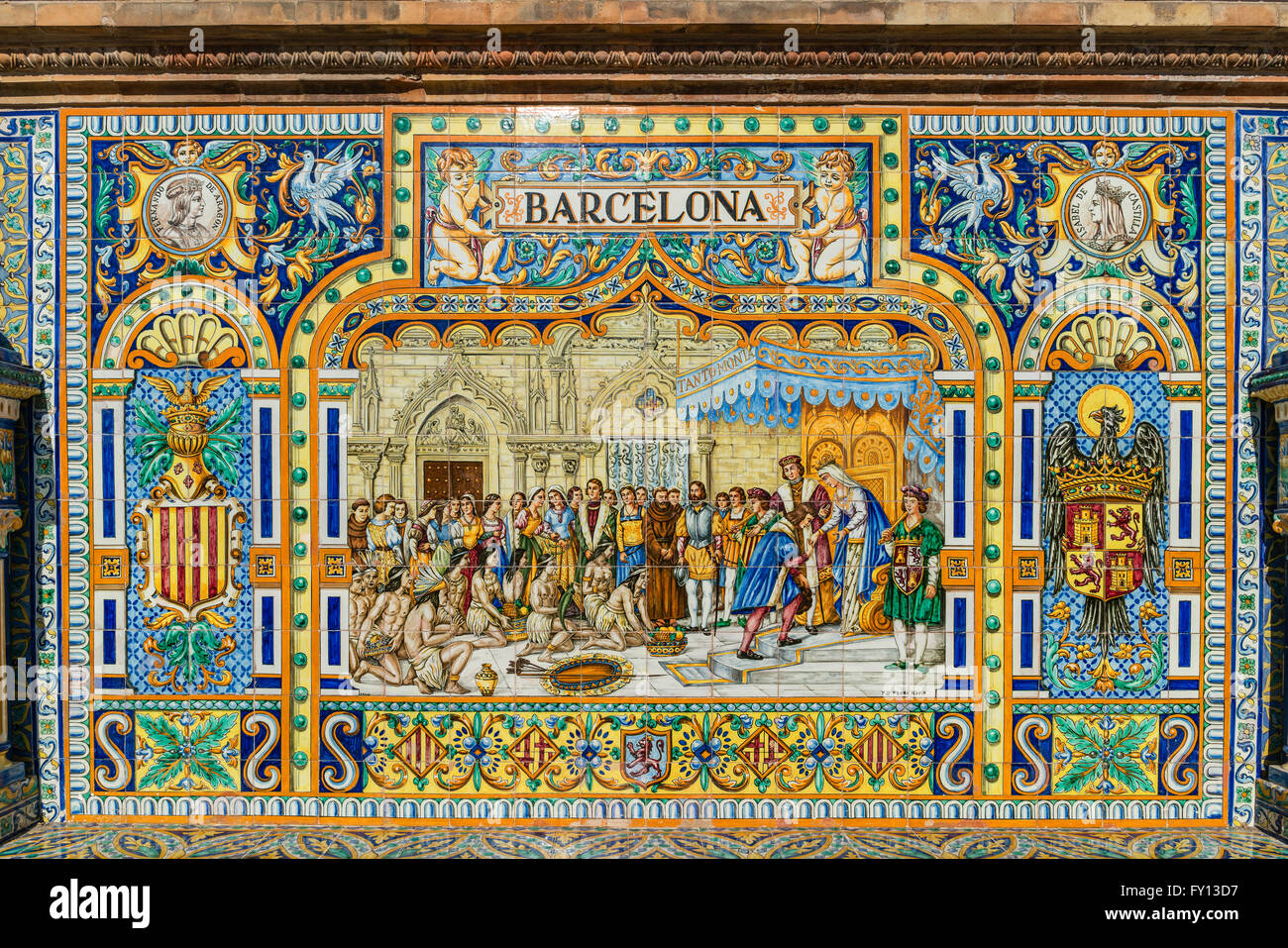Antica ceramica, piastrelle ceramiche che rappresentano le province e le città della Spagna , Barcelona , Placa de Espana, piazza di spagna, Siviglia, una Foto Stock