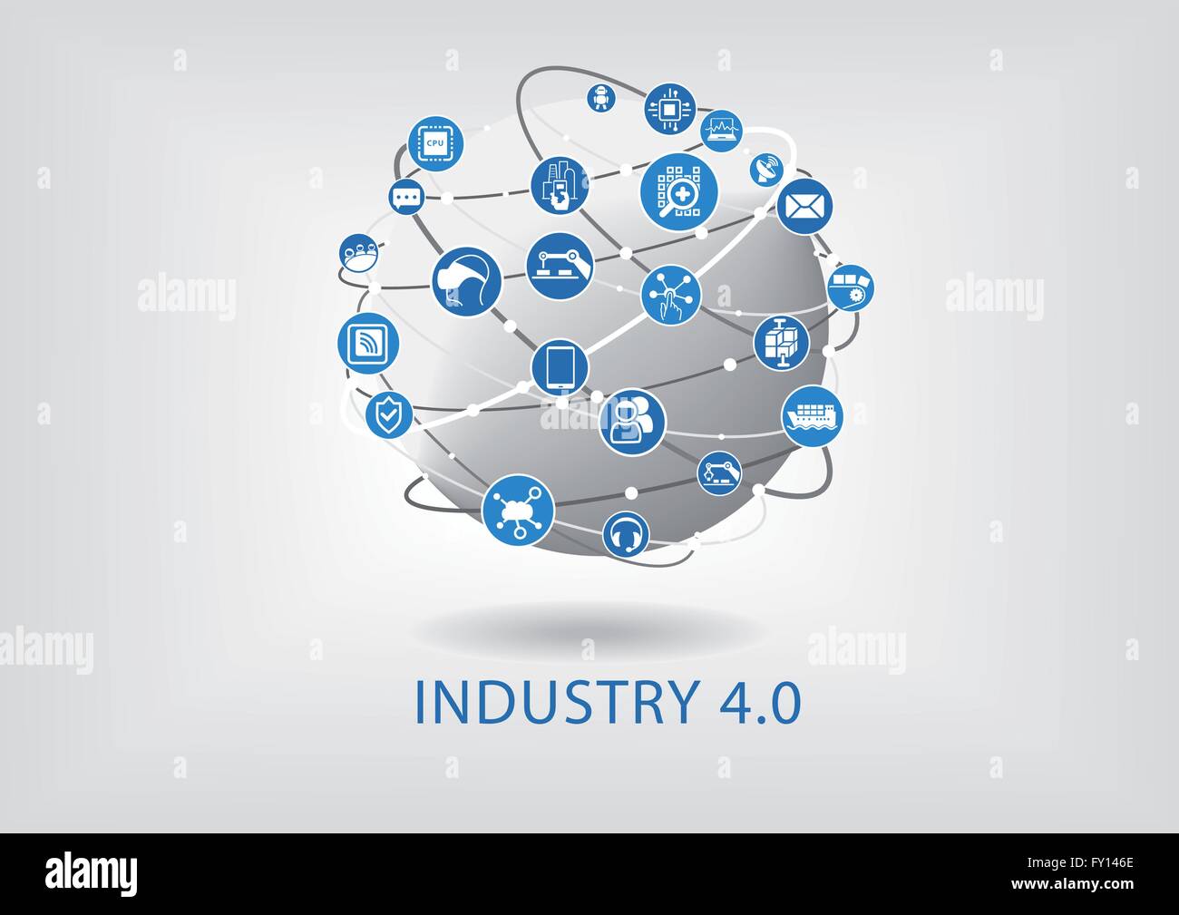 Industria ed infografico 4.0. Collegate i dispositivi intelligenti con globo. Illustrazione Vettoriale