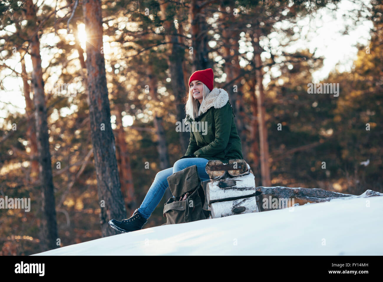 Donna che guarda lontano mentre è seduto sul log durante il periodo invernale Foto Stock