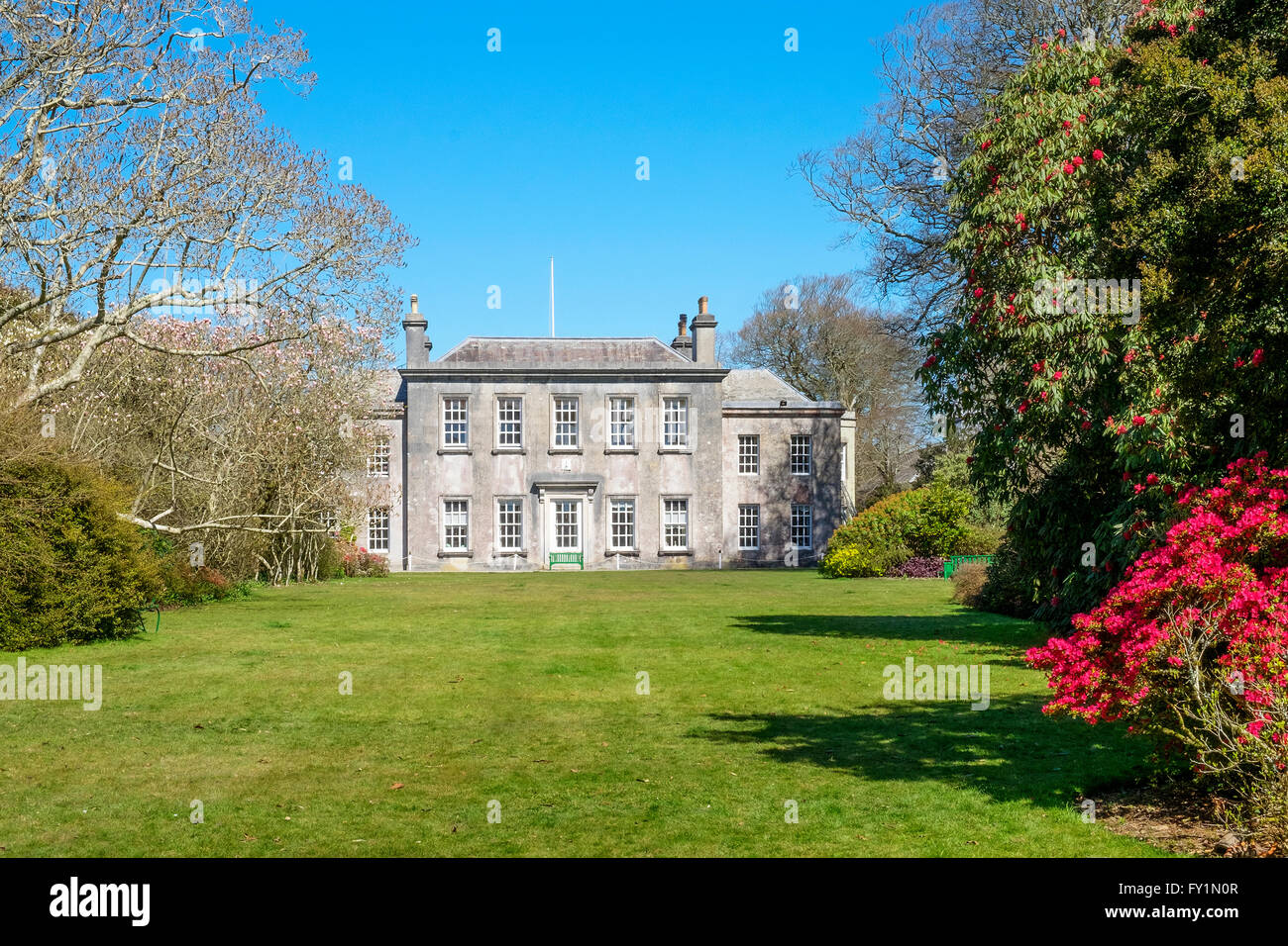 Il Mansion House e giardini a Trewithen vicino a Truro in Cornovaglia, Regno Unito Foto Stock