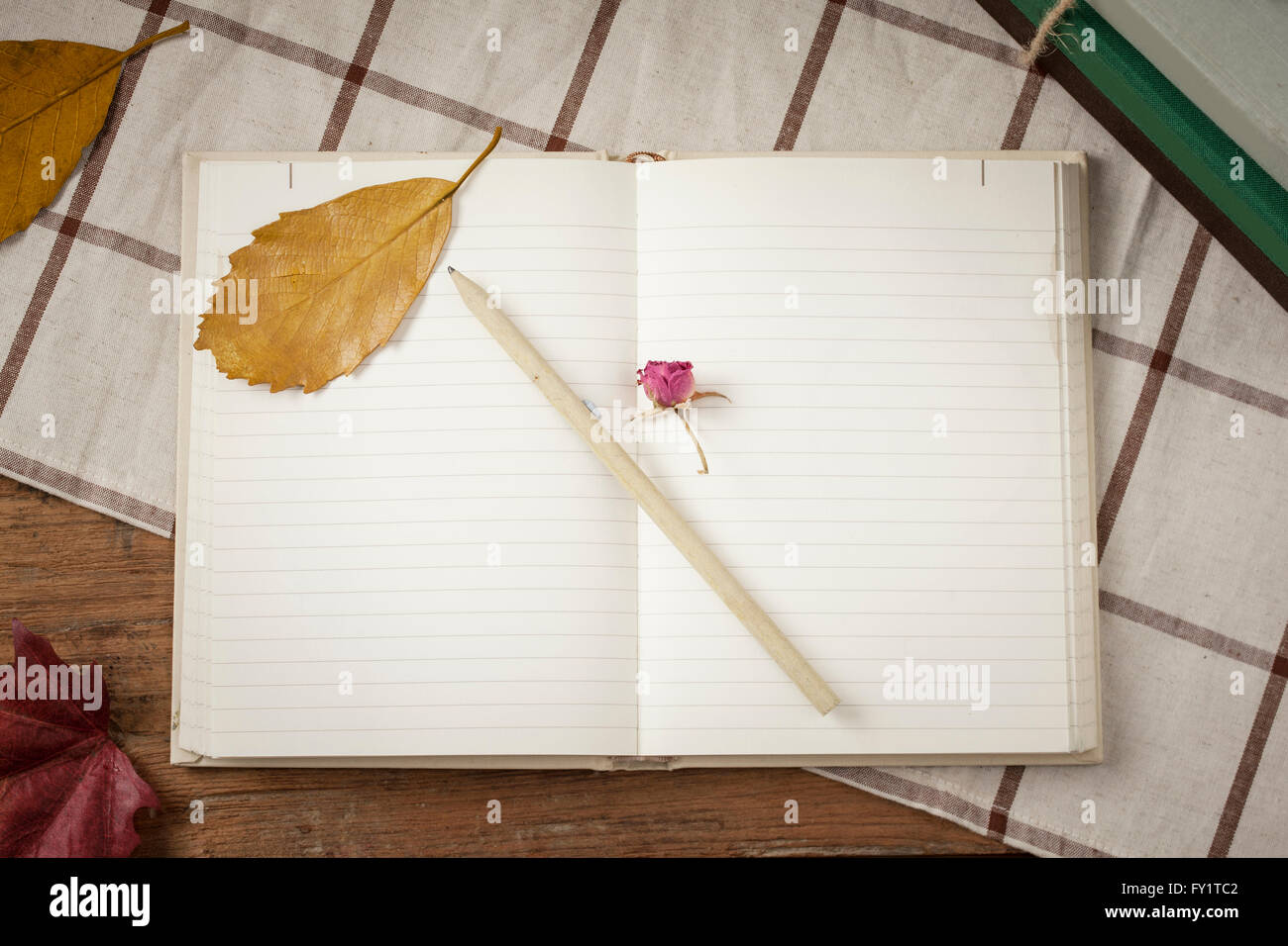 Aprire il diario e una matita con caduta foglie sul panno della tabella Foto Stock
