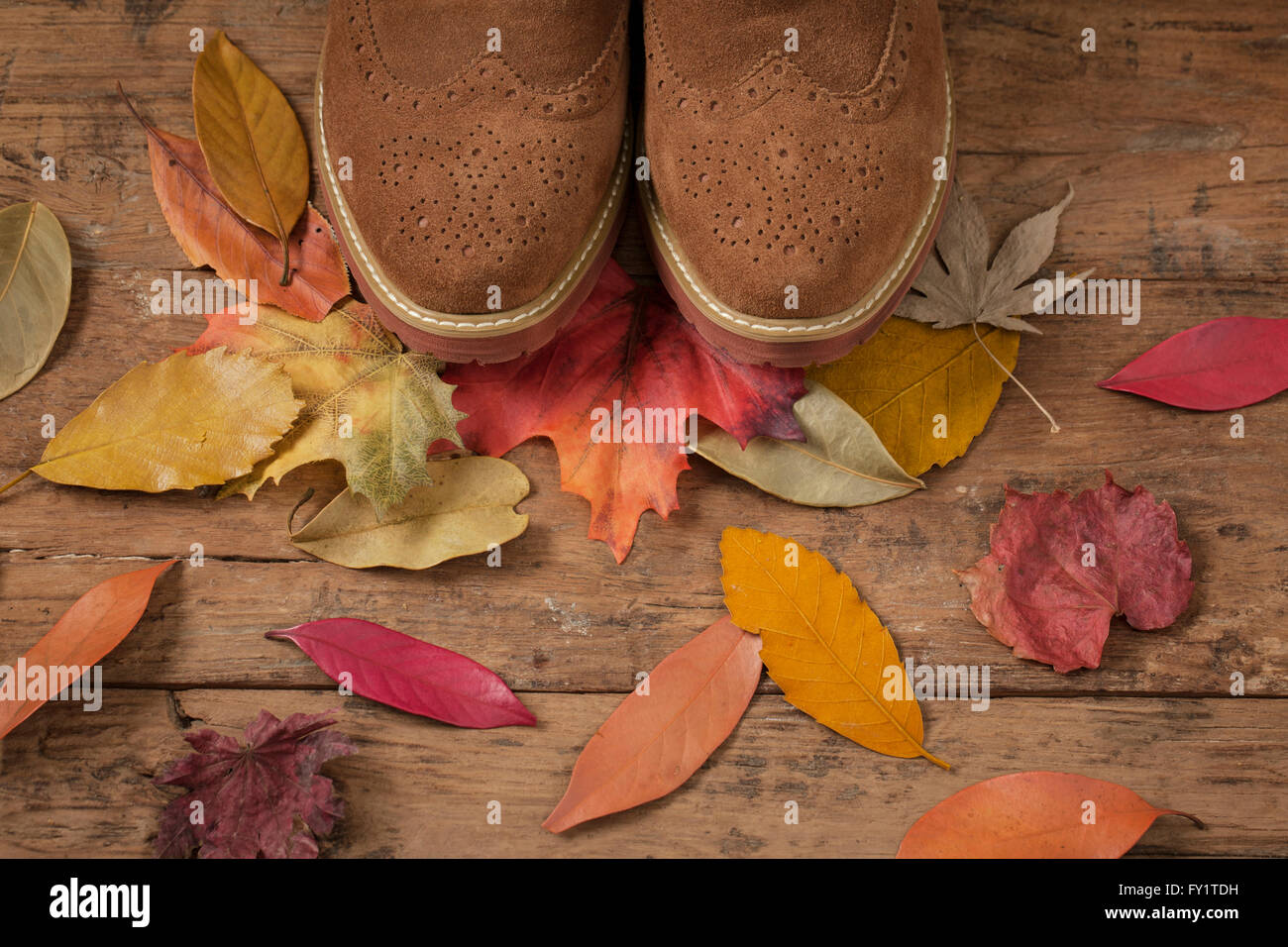 Sullo sfondo di un autunno con scarpe sulla caduta foglie Foto Stock
